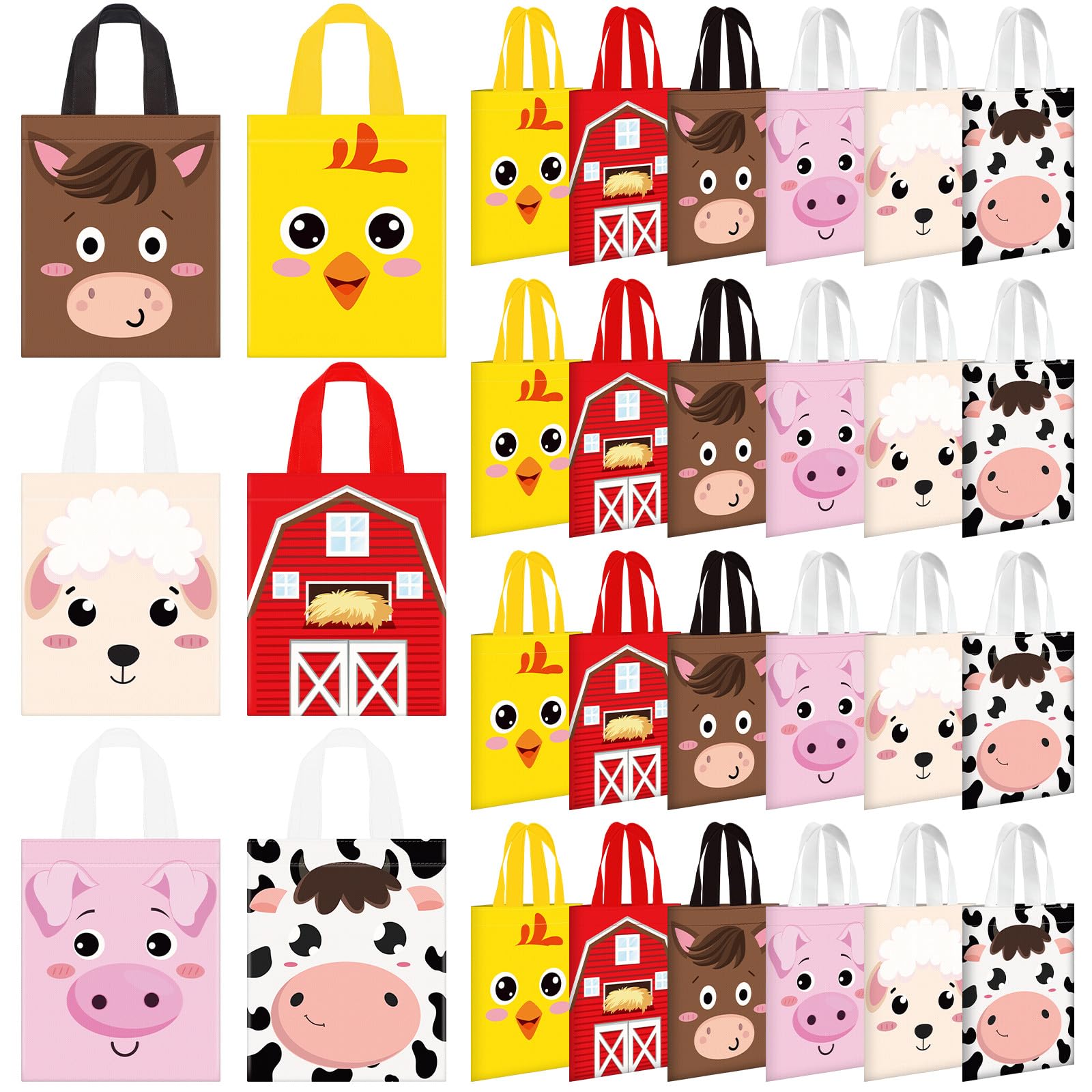 Sweetude 24 Pcs Farm Animal Party Favor Bags with Handle - 9.84 x 7.87 Non Woven Candy Treat Bags - Reusable Barnyard Gift T