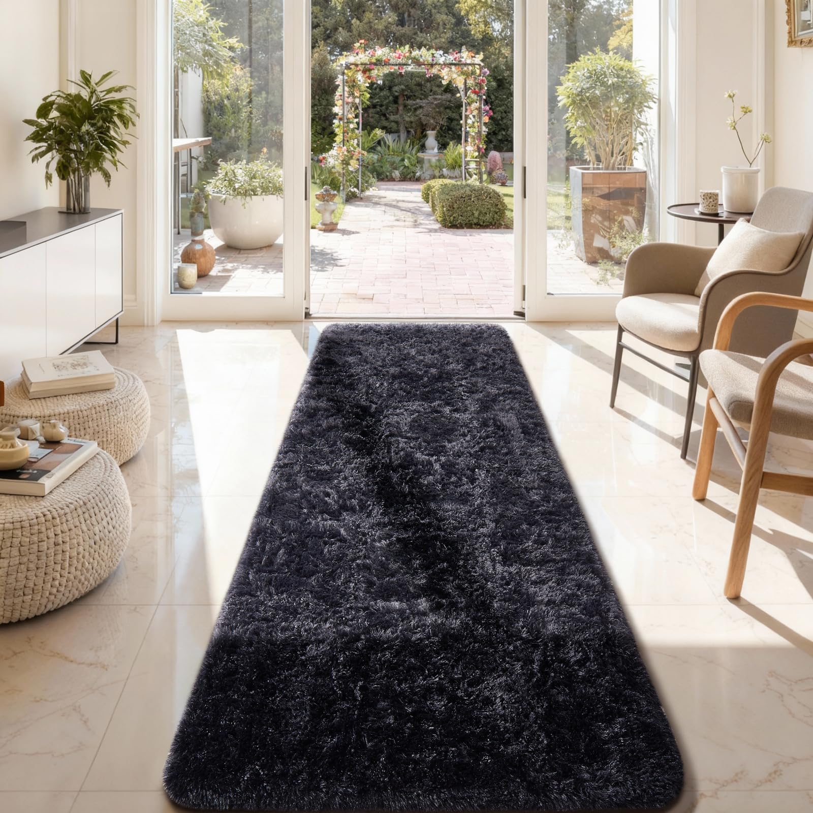 Ophanie 2x8 Runner Rug for Hallway, Upgrade Non-Slip Fluffy Soft Bedside Rugs, Bedroom Living Room Black Shaggy Carpet for Kids