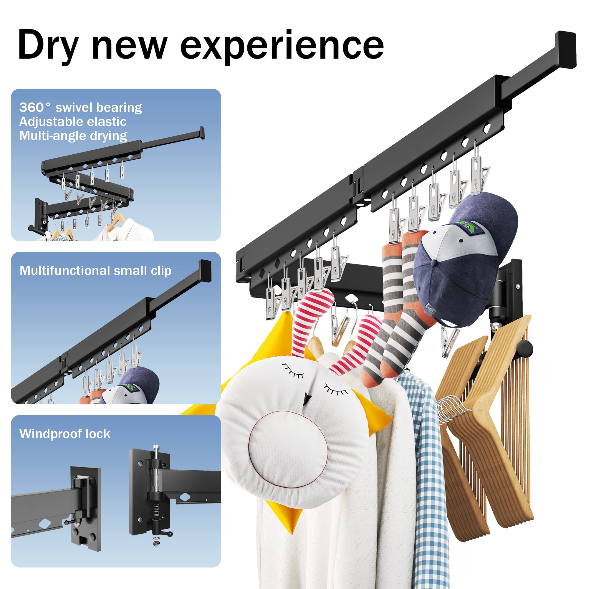 LIENAHU Wall Mounted Clothes Drying Rack - Retractable, Collapsible, Folding, Black, Model HEIJIA, Perfect for Laundry Room Organization