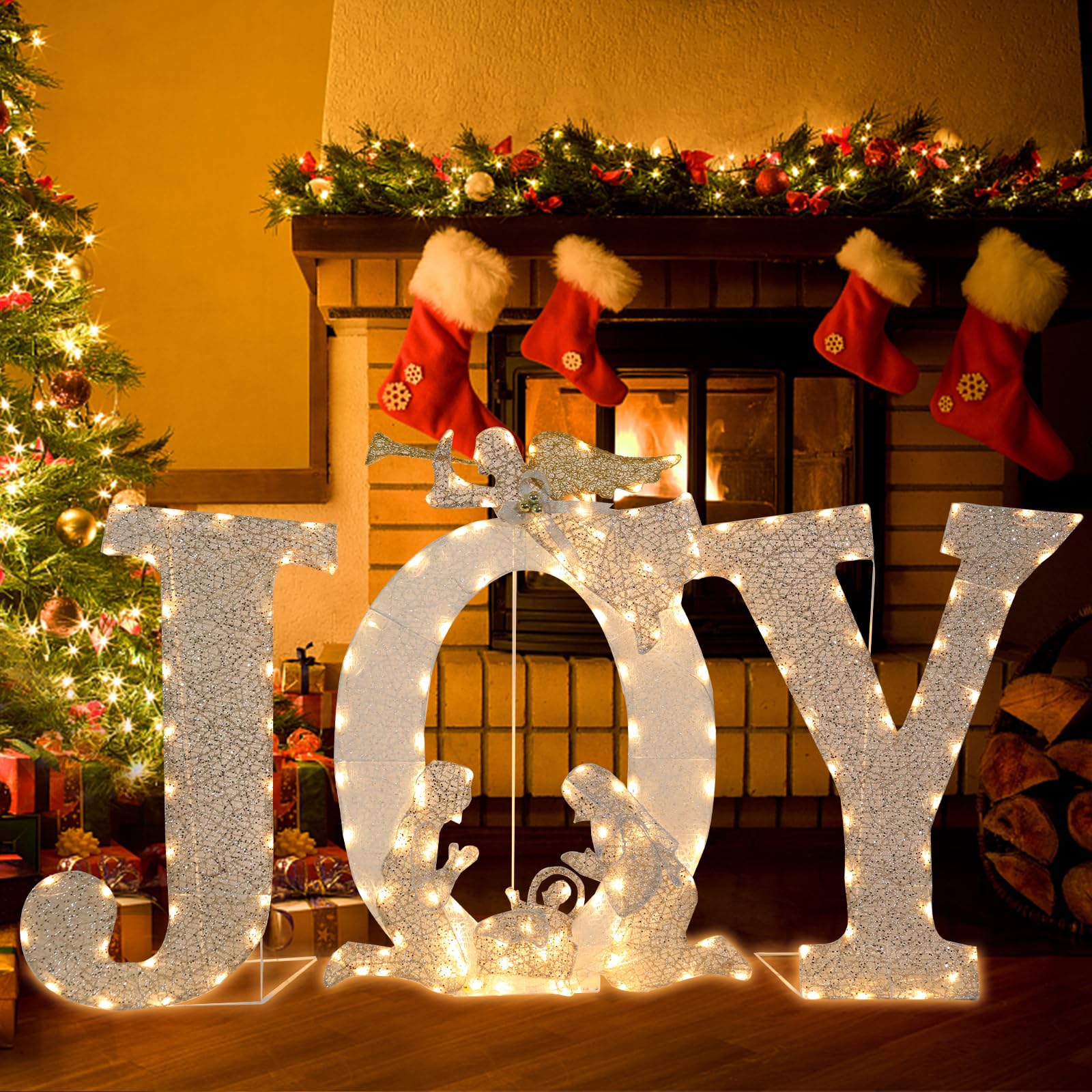 Outdoor Christmas Joy Decoration Christmas Lighted Joy with Nativity Scene Decoration for Xmas Home Pathway Lawn Party Display