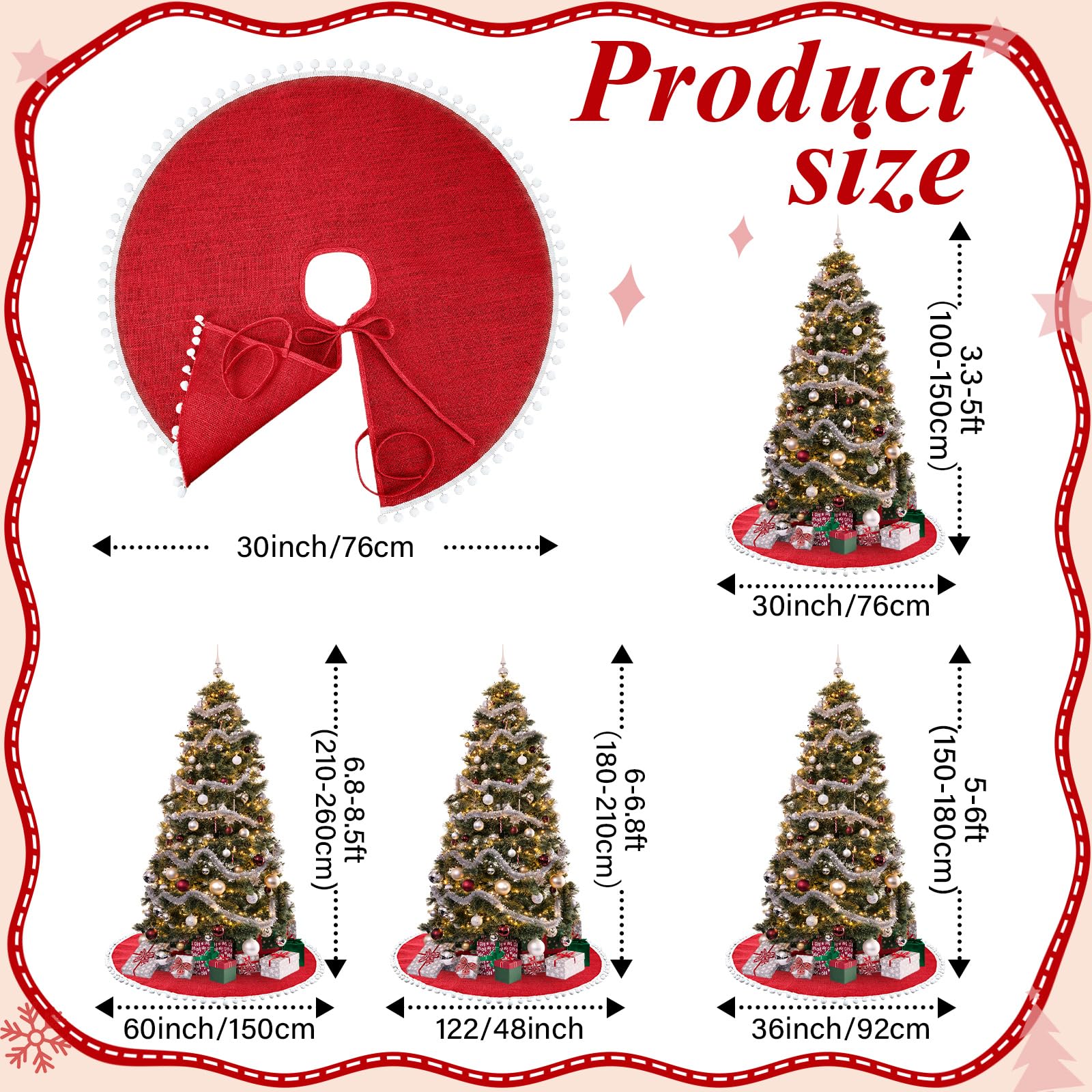 Syhood 30 Inch Christmas Tree Skirt Red Christmas Linen Burlap Tree Skirt Base Cover with Pom Trim for Xmas Winter Home Decorati