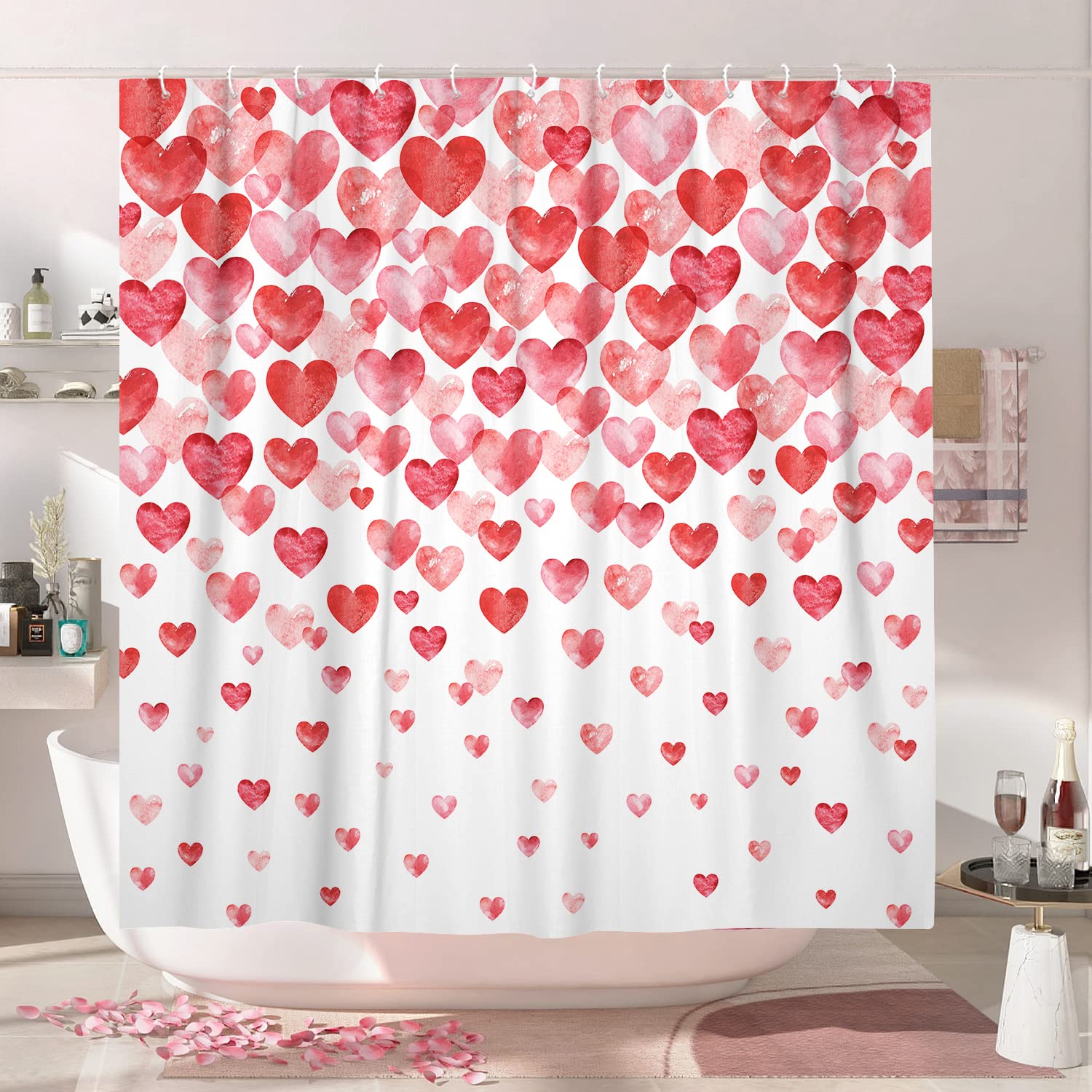 Valentines Day Shower Curtain, Watercolor Red Hearts With Falling Hearts Shower Curtain For Bathroom, Fabric Bathroom Accessorie