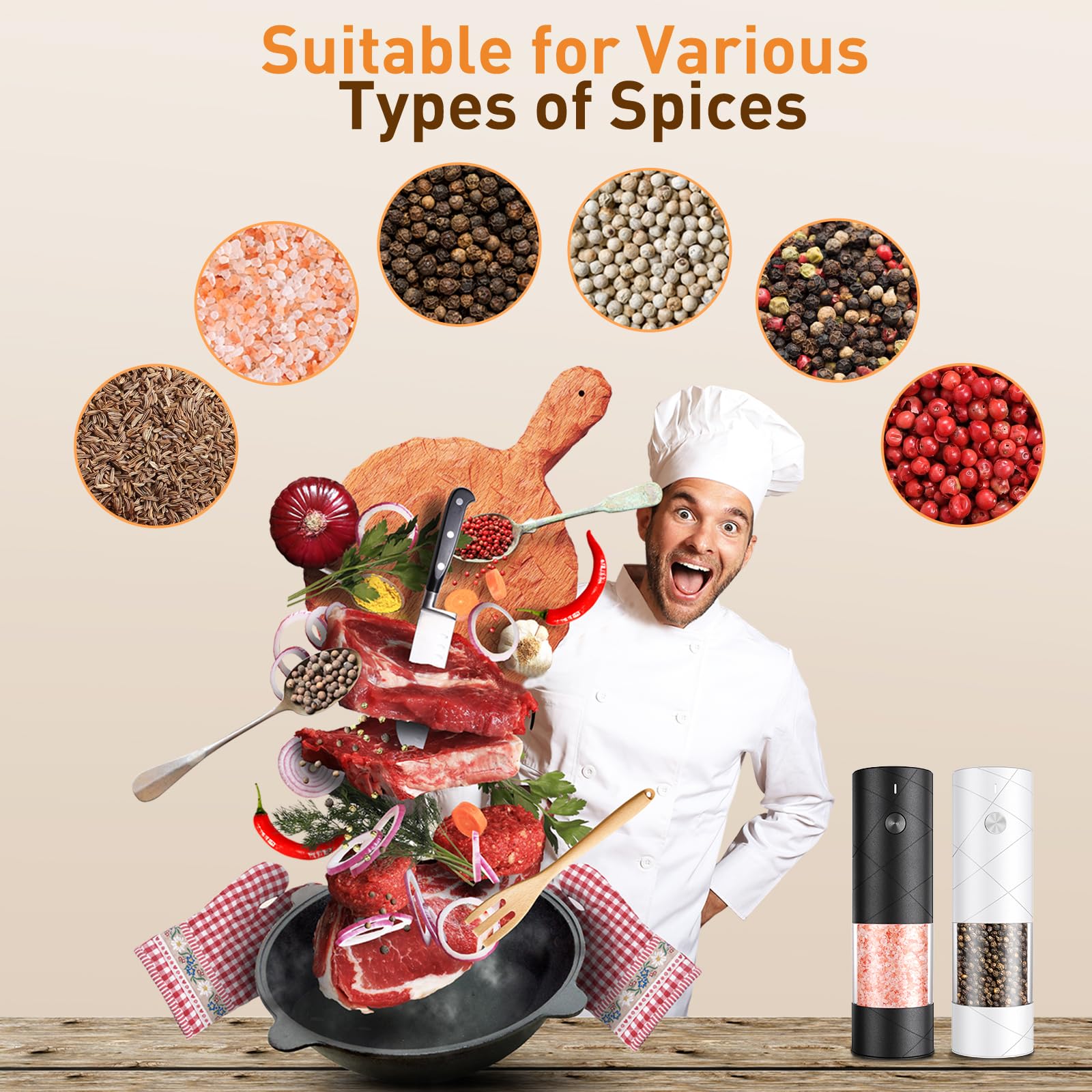 Electric Salt And Pepper Grinder Set, Rechargeable Automatic Pepper Mill Grinder With Led Light, Adjustable Coarseness Shakers,