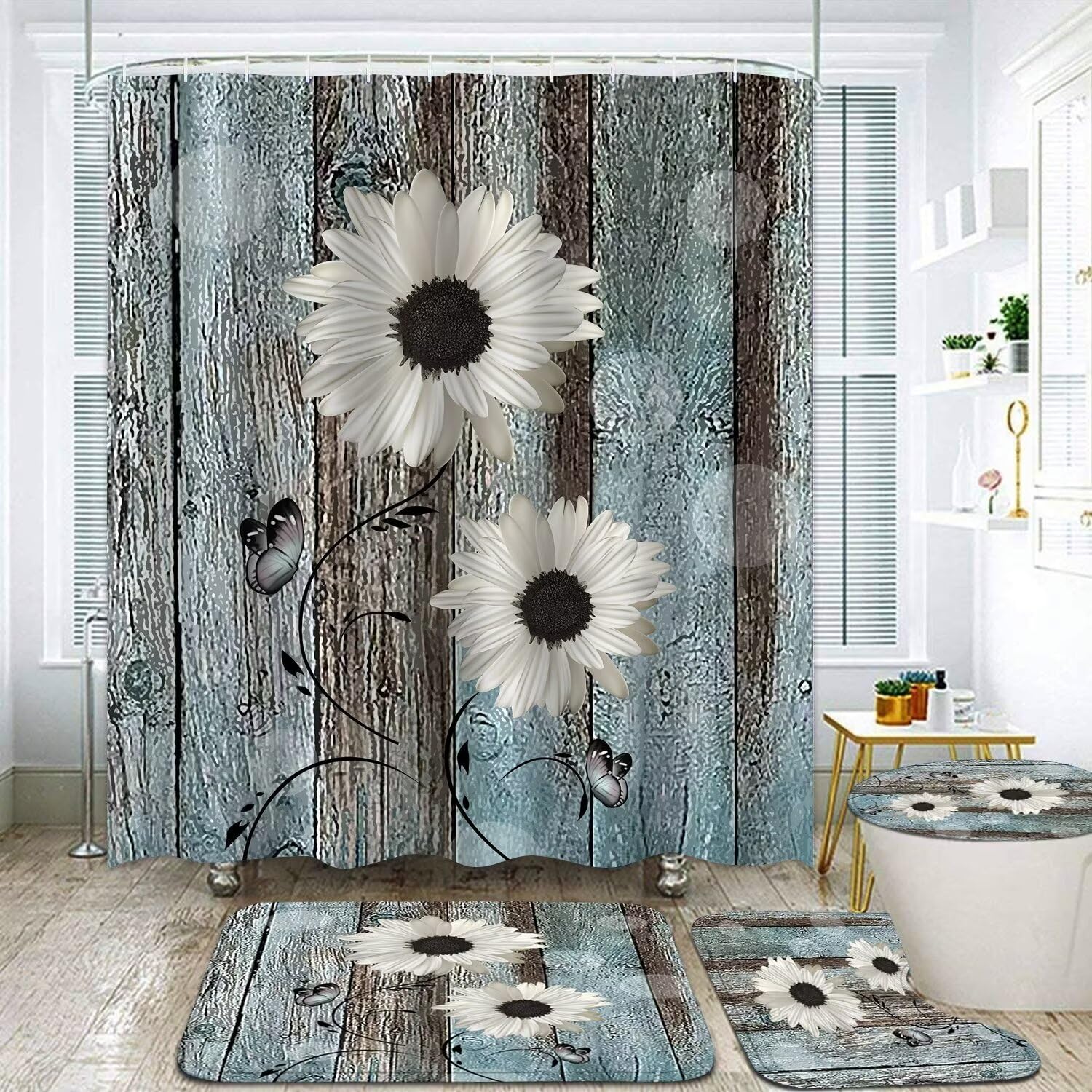 Azhm White Daisy Flower Shower Curtain Sets With Rugs 4 Piece Rustic Flower Floral Wood Panel Bathroom Decor Set With Non-Slip R