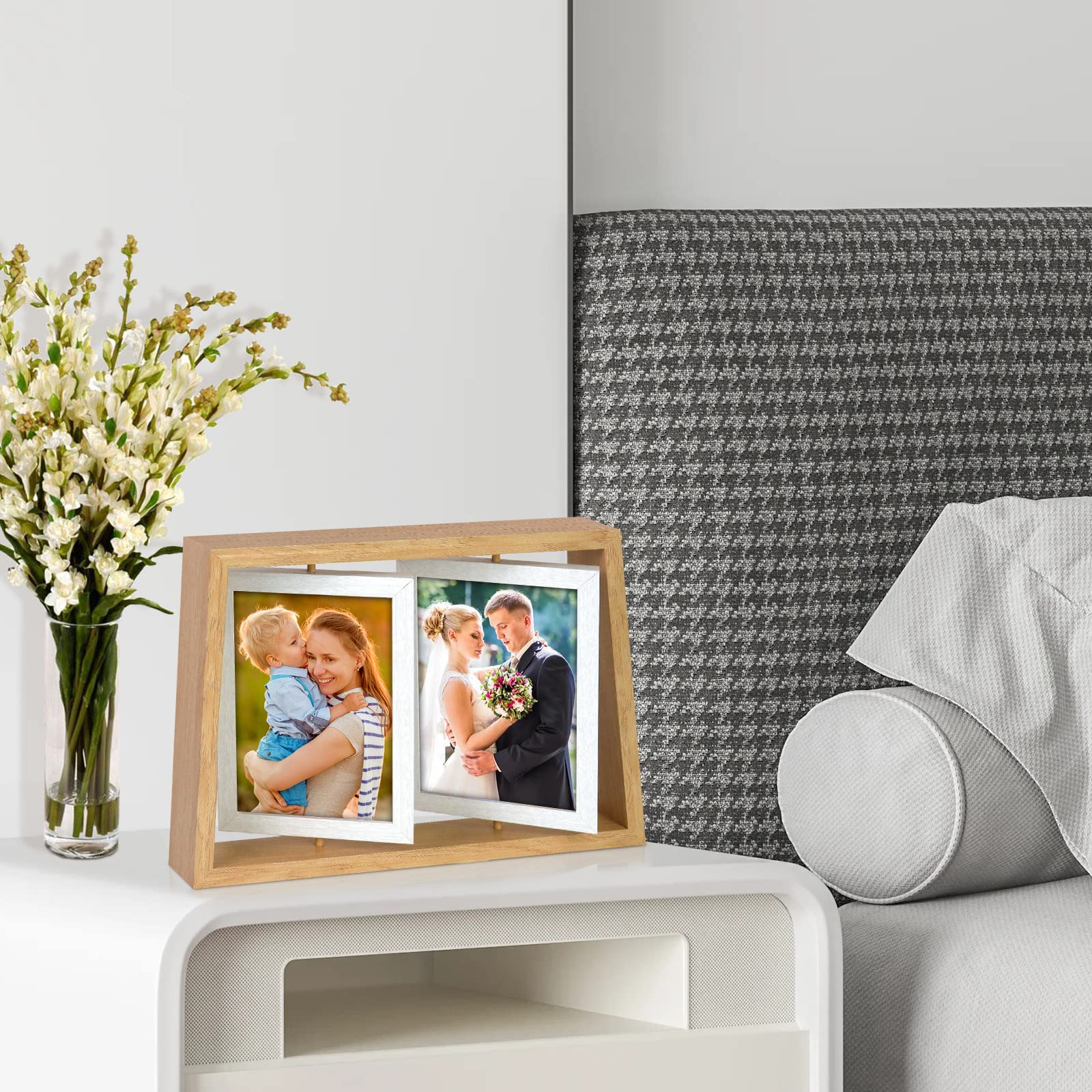 ZEEYUAN 4x6 Desk Picture Frames Rotating Rustic Photo Frame Floating 4x6 Double Side Frame for Tabletop Office Decor, Mothers Da