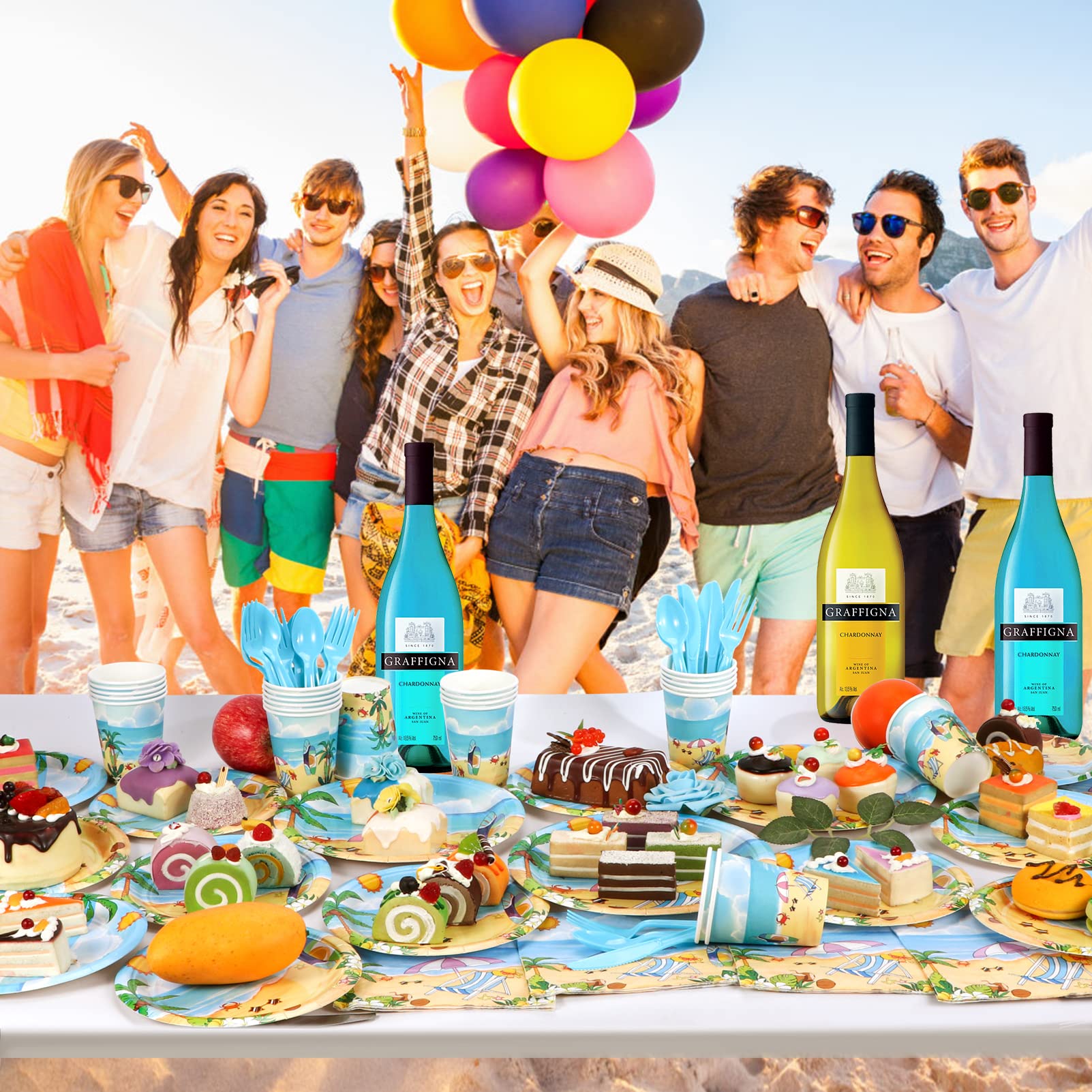Atonofun Beach Party Supplies, Beach Plates And Napkins Set, Disposable Beach Plates, Cups, Napkins And Cutlery For Birthday, Po
