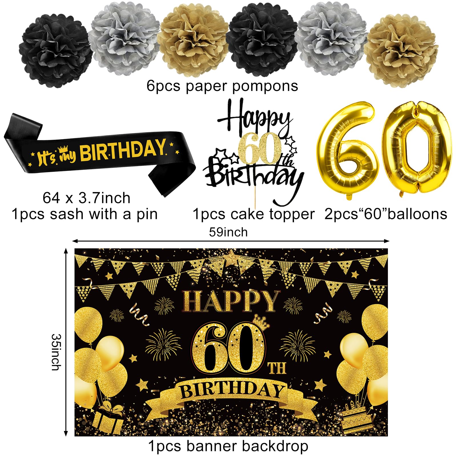 Eucutur 42Pcs 60Th Birthday Decoration Kit For Men Women, Black Gold Happy 60Th Bday Banner Balloons Honeycomb Centerpiece Swirl