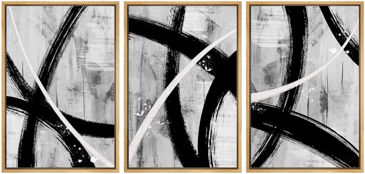 Idea4Wall Framed Canvas Print Wall Art Set Black Gray White Geometric Paint Strokes Abstract Shapes Illustrations Modern Art Con