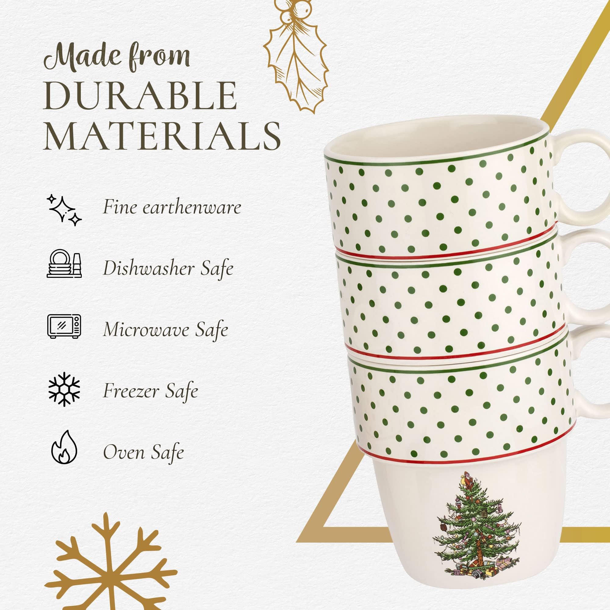 Spode Christmas Tree Polka Dot Stackable Mugs, Set Of 4 - Festive 10Oz Mugs For Hot Chocolate And Coffee, Space-Saving Design, D