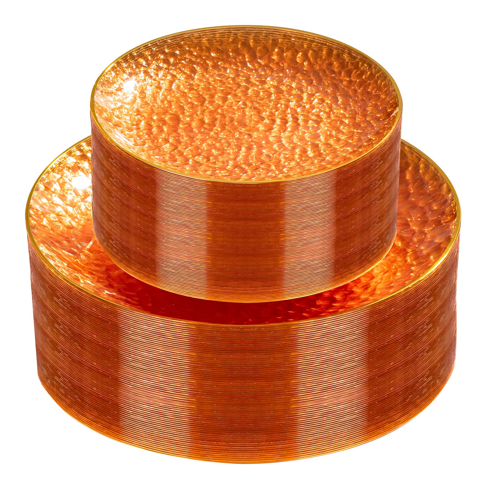 Rubtlamp 60Pcs Orange Plastic Plates, Orange Disposable Plates With Gold Rim, Hammered Plastic Plates Include 30 Dessert Platos,