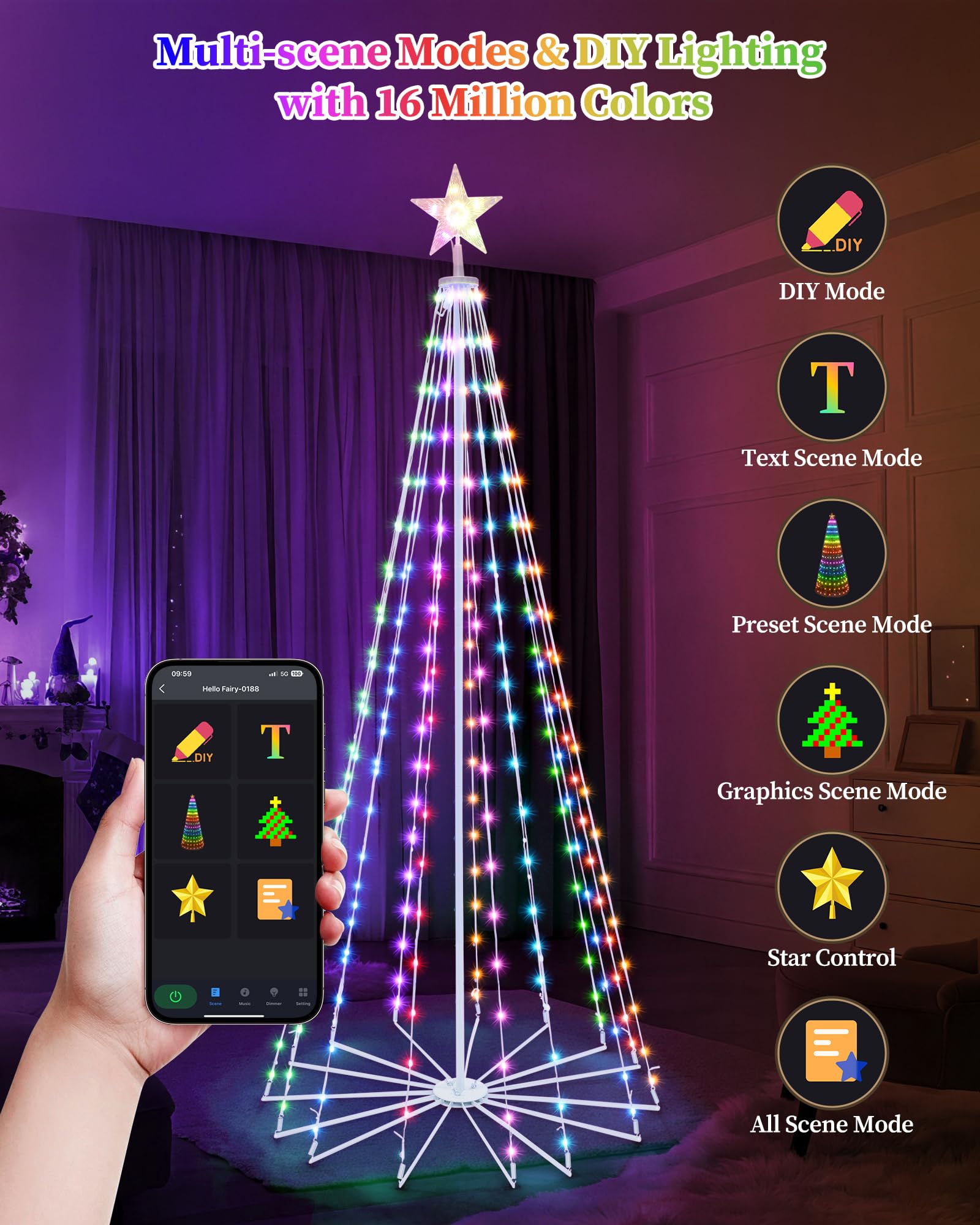 Brightever 6FT 265 LED Smart Cone Christmas Tree, Outdoor Prelit Christmas Tree with 16 Million DIY RGB LED Light Show, Remote A