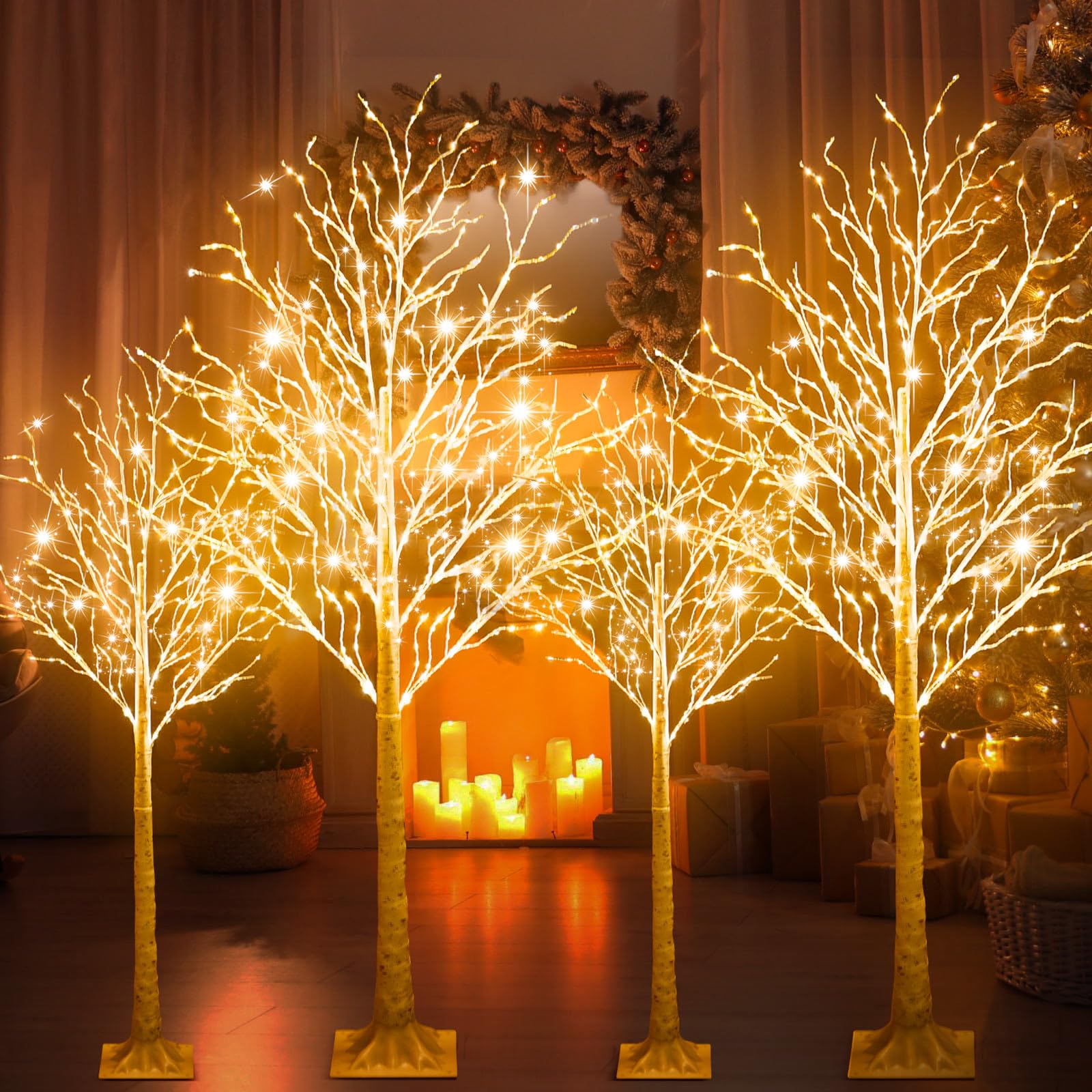 Aurelema 4 Pcs 4ft-300led, 6ft-400led Lighted Birch Tree 8 Modes Christmas Artificial LED Warm White Lights Birch Tree for Indoo