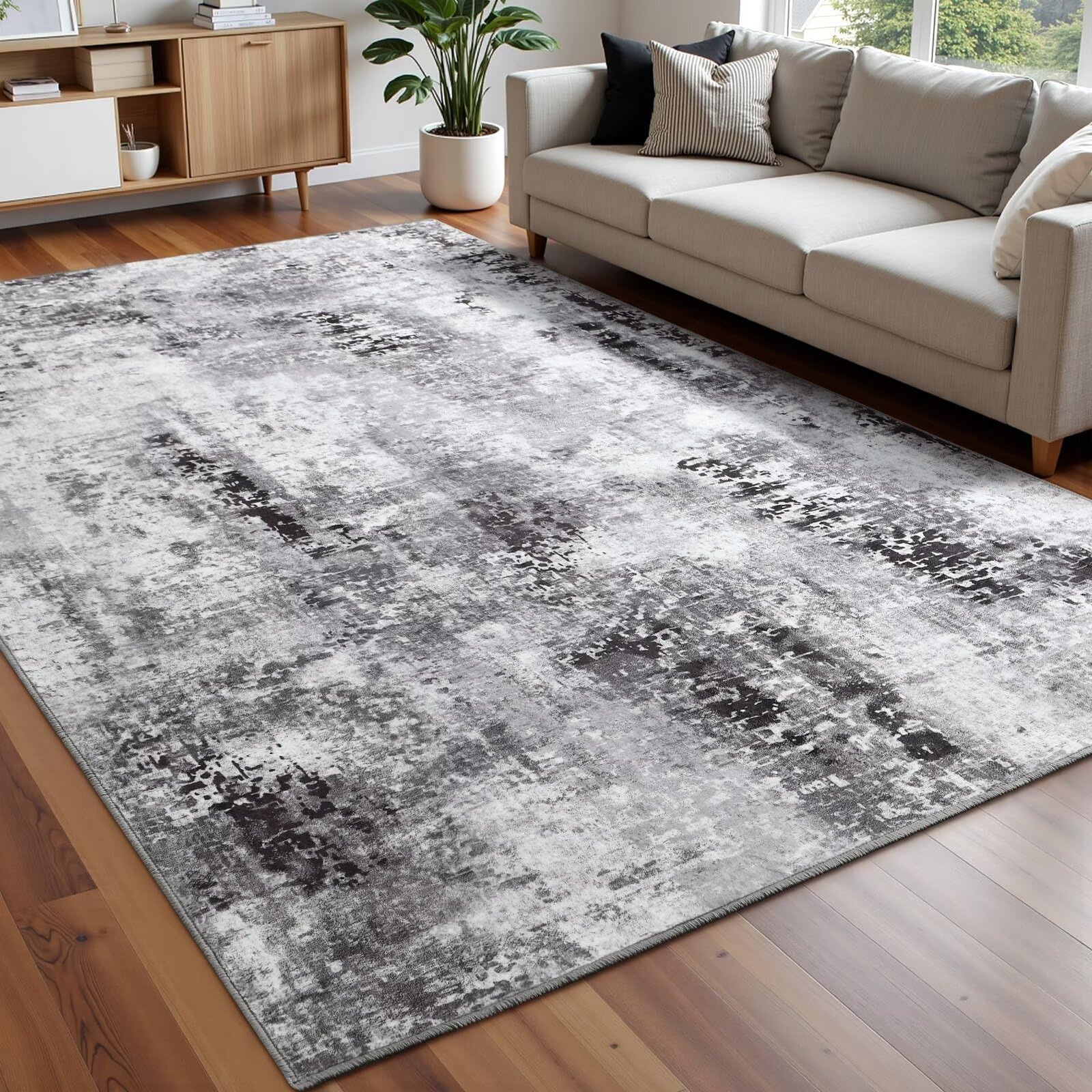 Macgace Modern Abstract Rugs for Living Room, 5x7 Machine Washable Area Rug with Non Slip Backing for Bedroom, Soft Floor Cove