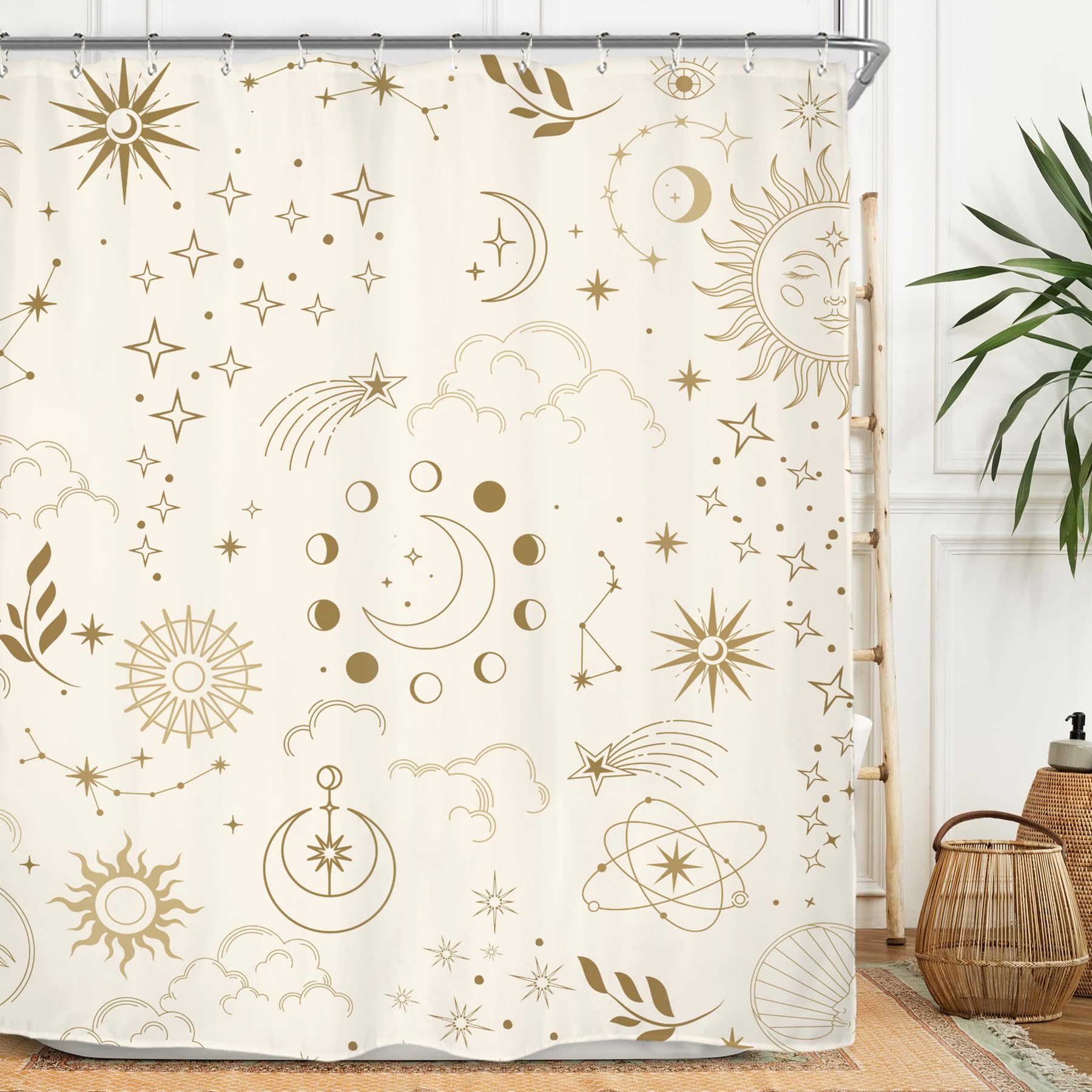 Miyotaa Moon Phase Celestial Shower Curtain Set 60Wx71H Inches Mysterious Constellation Astrology Beige Crescent Tarot Witchy Po