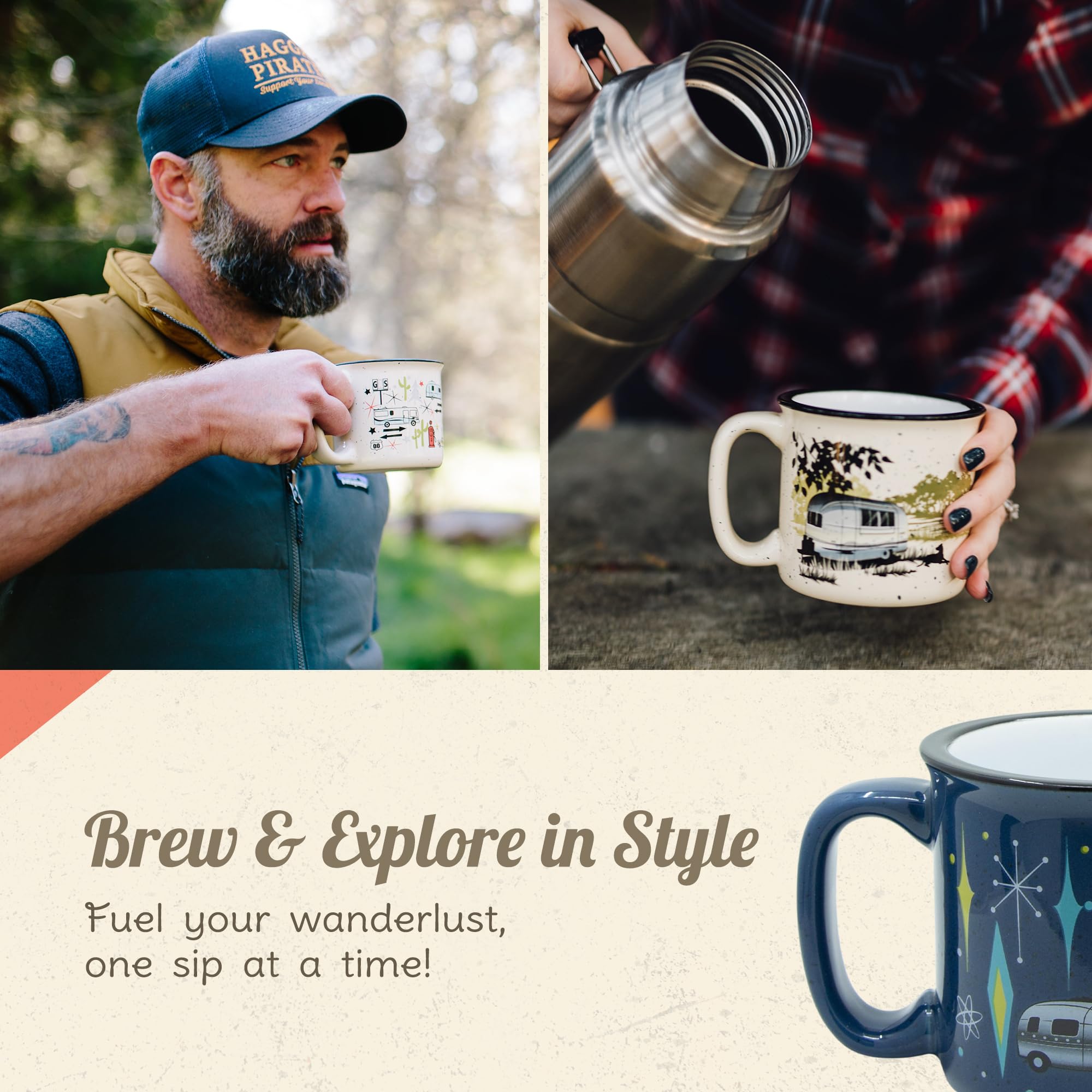 Ceramic Coffee Mug - 15 oz Retro Inspired Camping Mug - for Hot & Cold Drinks - Works as a Tea, Soup, & Coffee Mug - Stylish, Ve