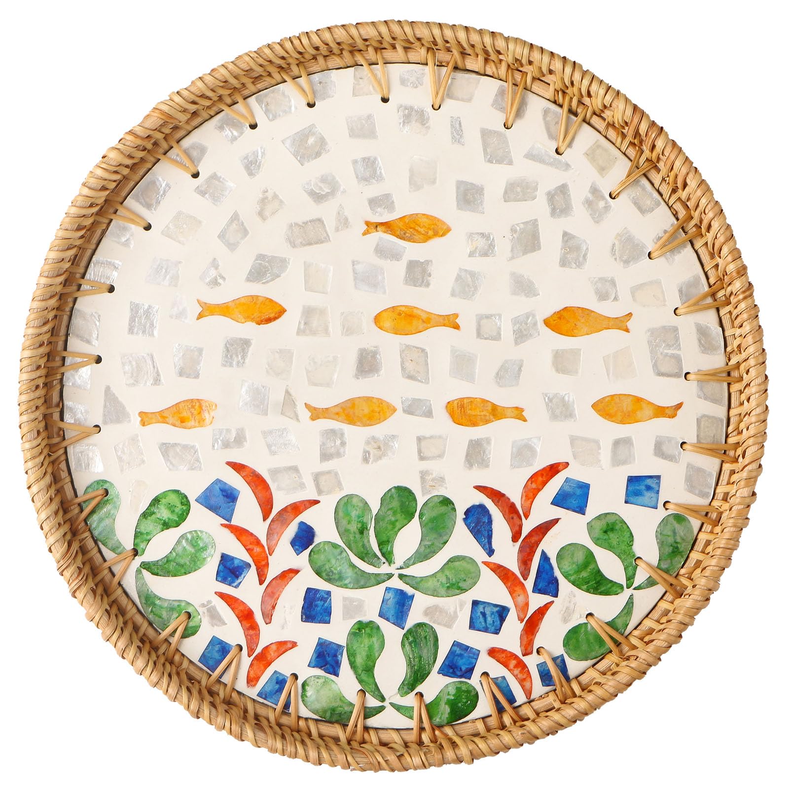 Aayoruro Round Rattan Tray with Mother of Pearl Inlay, Decorative Wicker Serving Tray with Wooden Base, Woven Basket Trays for B
