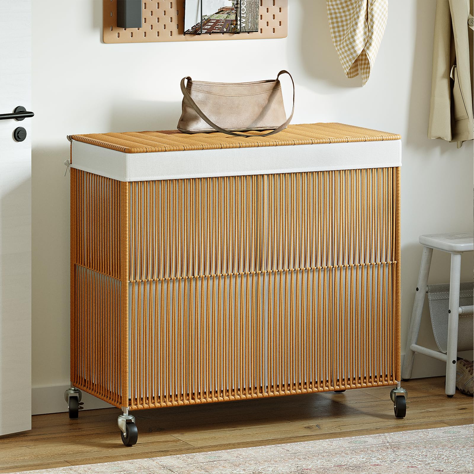 Wowlive Laundry Hamper With Wheels, 160L Handwoven Rolling Laundry Basket 3 Section With Lid, Clothes Hamper With Removable Line