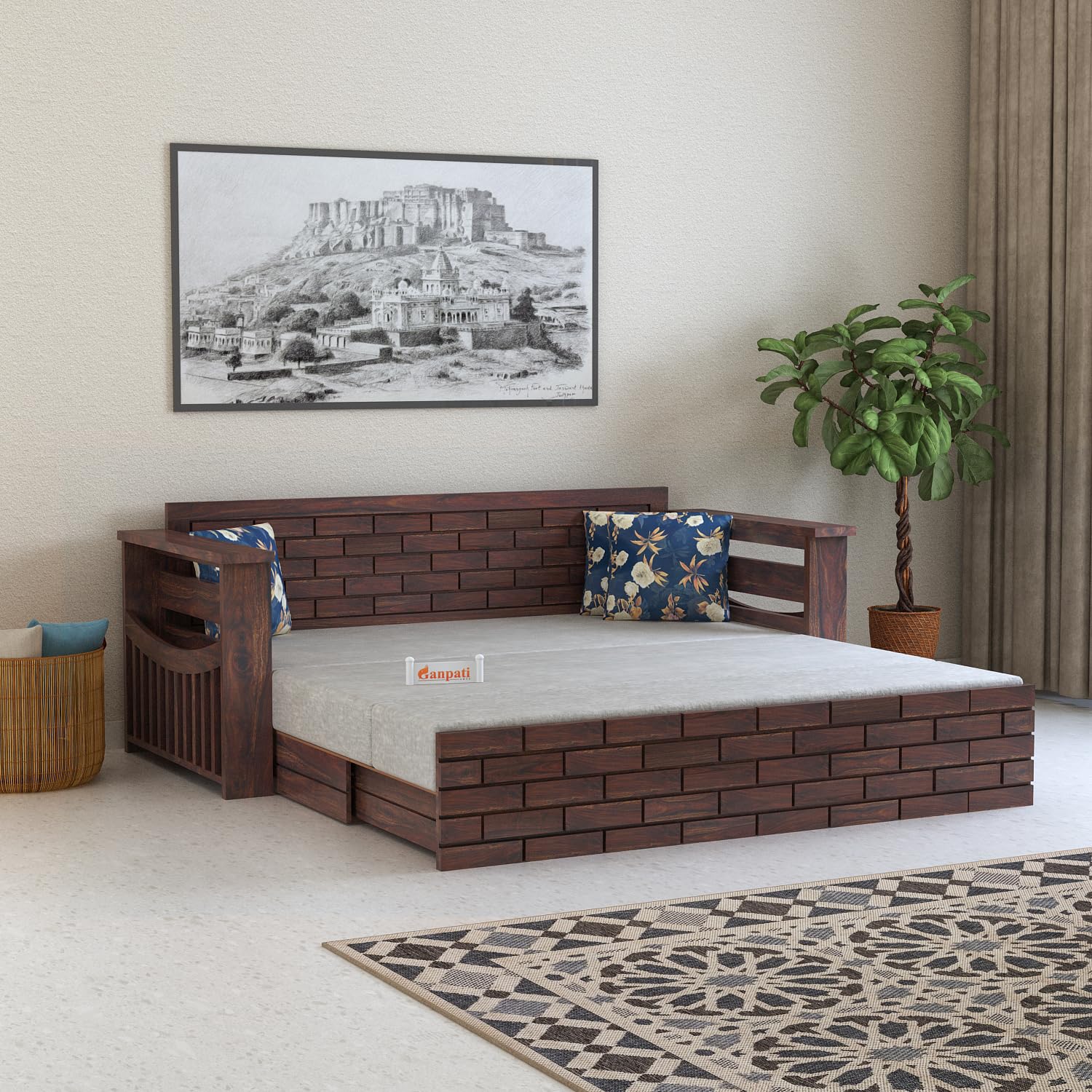 Ganpati Arts Solid Sheesham Wood 3Person Sofa Italian Sofa Cum Bed With Storage And Side Pockets For Living Room Wooden Sofa Be