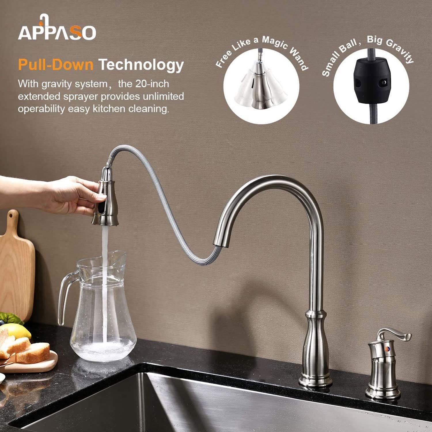 APPASO 3 Hole Kitchen Faucet with Pull Down Sprayer Brushed Nickel  3 Pieces Kitchen Sink Faucet with Soap Dispenser and Side Single Handle  Stainless Steel  228BN