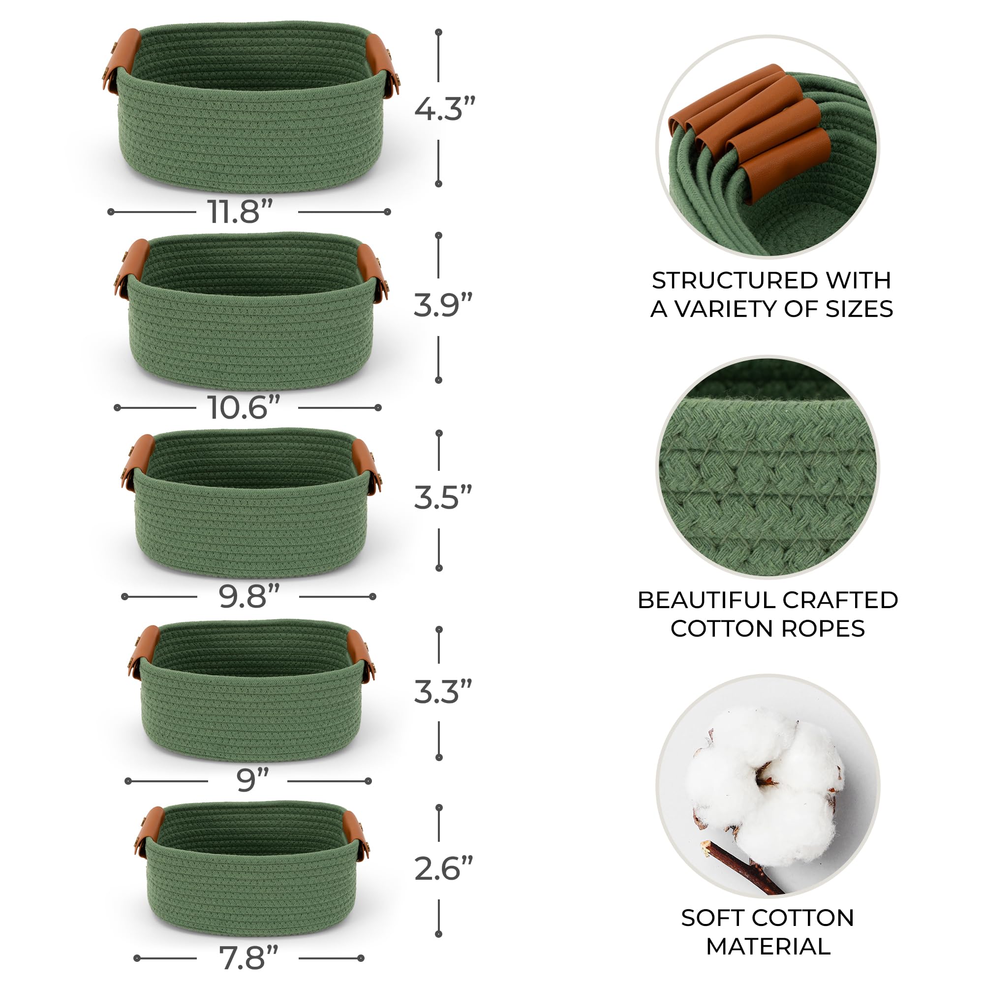 Beautiful Storage Basket Set Of 5 - Sturdy Cotton Rope Baskets For Shelves Are Perfect For Organizing Your Home - Quality Storag