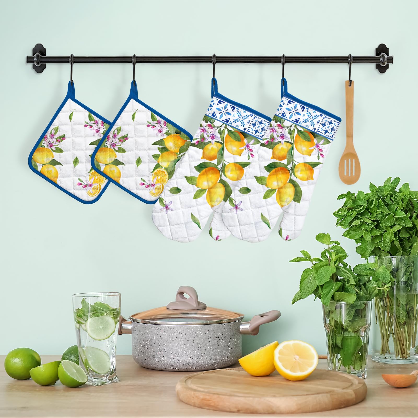 Arquiel Summer Lemon Oven Mitts And Pot Holders Sets 2Pcs, 100% Cotton Heat Resistant, Extra Long Oven Gloves Potholder For Kitc