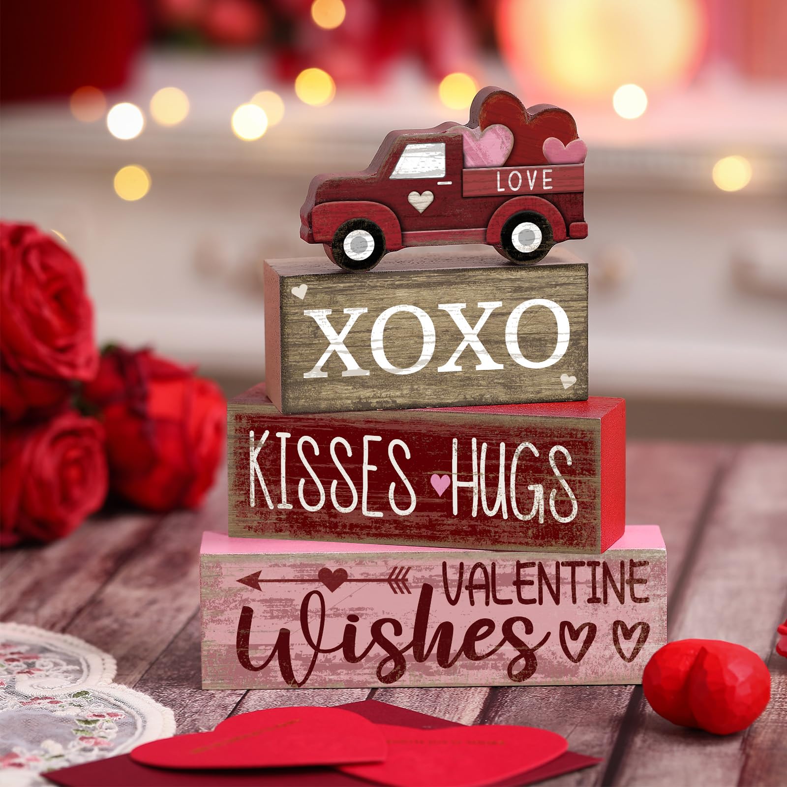 Lineshading 4 Pcs Valentine s Day Table Decoration Wooden Heart Truck Decor Valentine Tiered Tray Decor Valentine s Day Centerpi