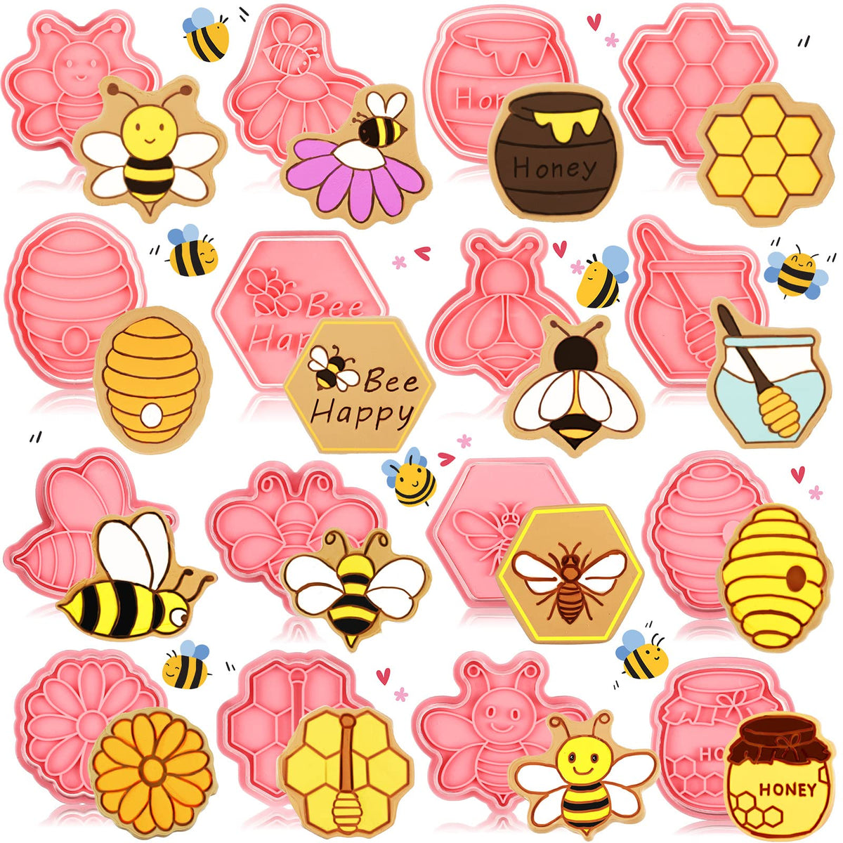 16 Pcs Bee Cookie Cutters With Plunger Stamps Set Mini Bee Honeycomb Cookie Stamps 3D Plastic Biscuit Mold Fondant Cookie Stampe