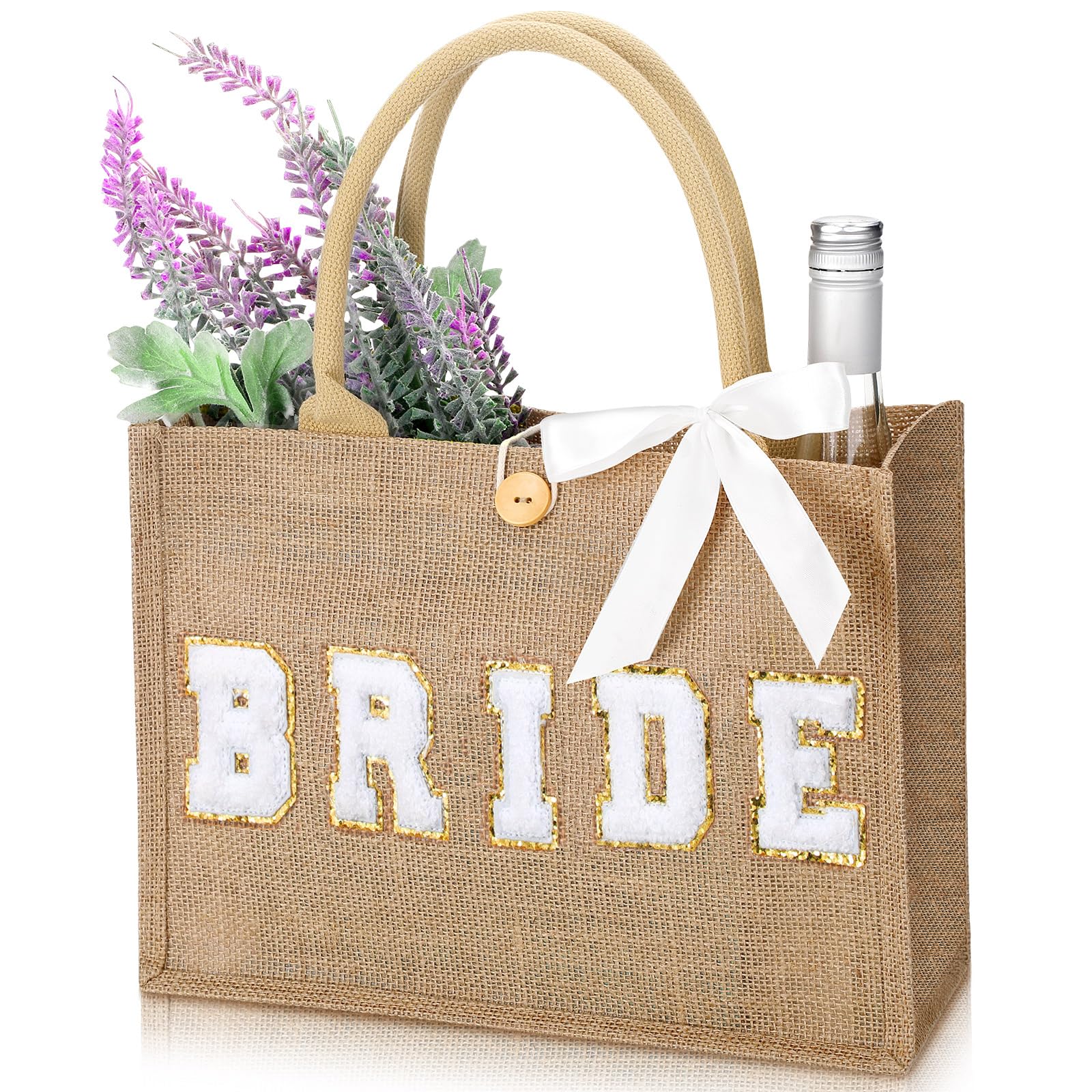 Silkfly Wedding Bride Bag Natural Jute Tote with Ribbon Bride Gift Bag with Handle for Shower(Gold Diamond,Bride)