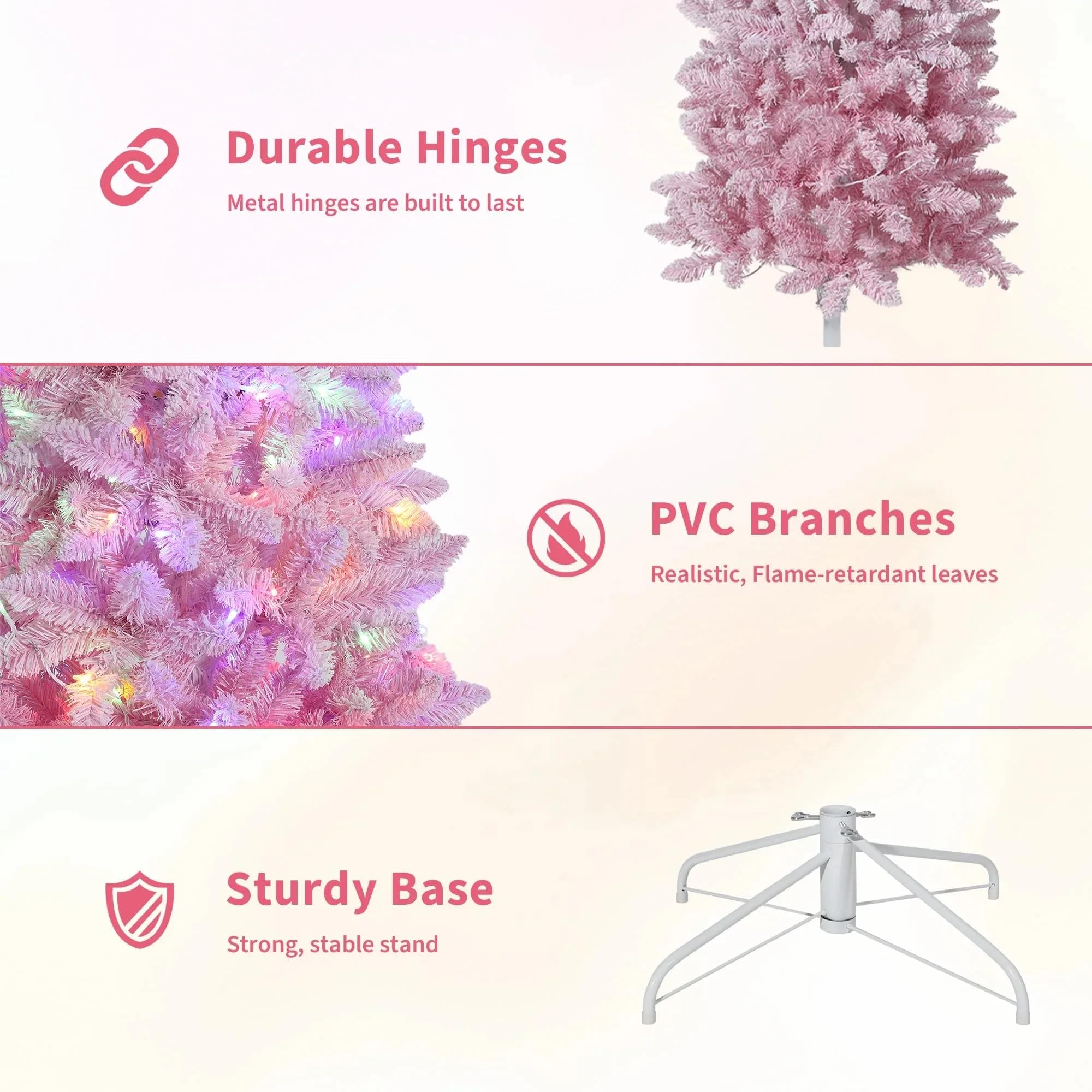 7.5ft Snow Flocked Pencil Christmas Tree with Pink Gradient, Slim Artificial Xmas Tree on Sturdy Metal Stand, Skinny Holiday Dec
