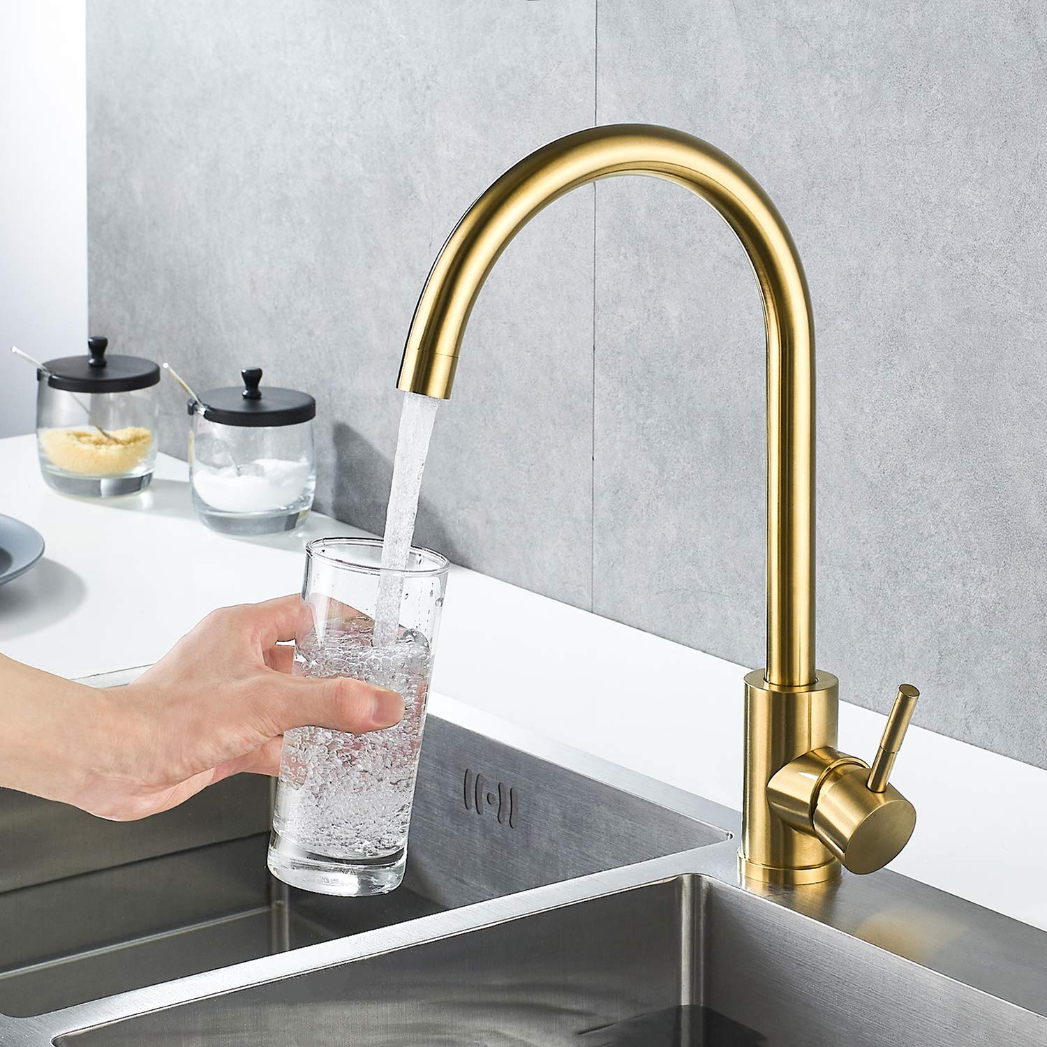 Kohonby Single Handle High Arc Brushed Gold Kitchen Faucet Stainless Steel Commercial Single Hole Kitchen Sink Faucet,Modern One