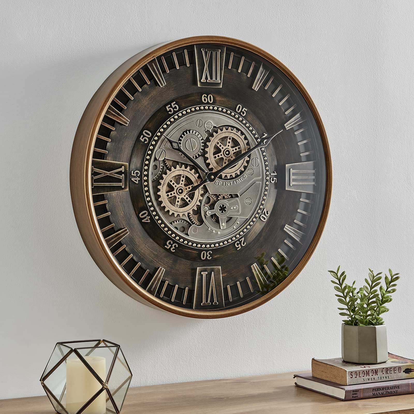 CLXEAST 24 Inch Large Moving Gear Wall Clock for Farmhouse Living Room Decor,Big Industrial Steampunk Wall Clock Decorative, Vin