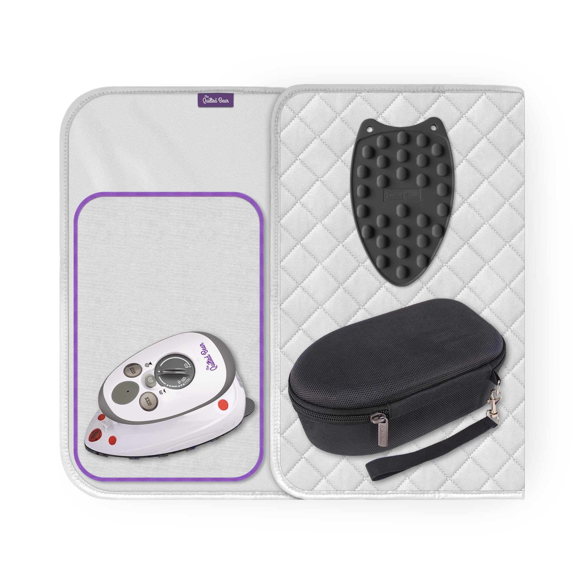 The Quilted Bear Mini Iron, Iron Rest & Ironing Mat - Lightweight Mini Steam Iron With Hard Shell Travel Case, Heat Resistant Si