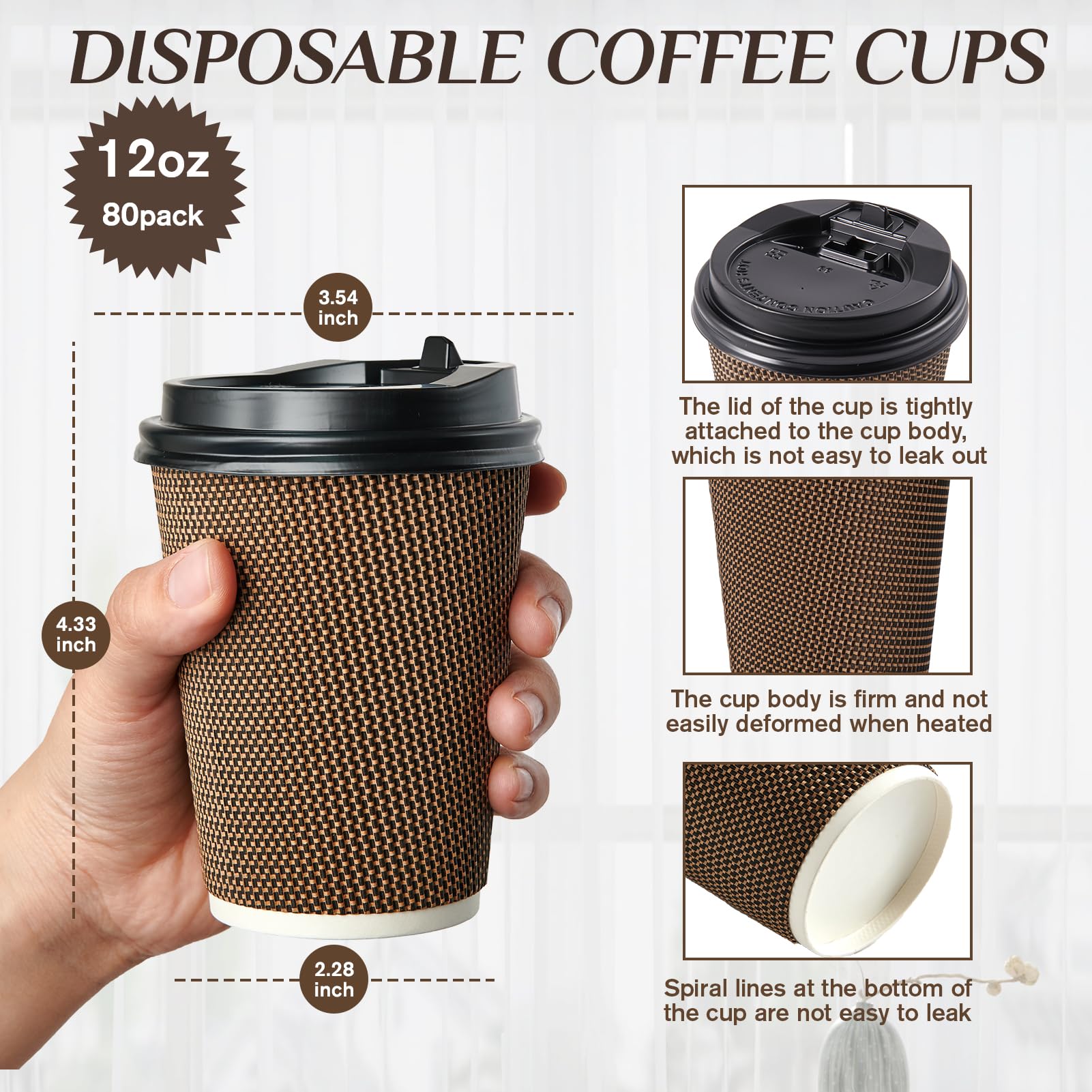 80 Pack 12oz Paper Coffee Cups  Insulated Ripple Wall Paper Coffee Cups with Lid and Straws  Three Layer Insulated Hot Beverage Cups  for Cold/Hot Drinks  Coffee Cups for Parties  Picnic  and Travel.
