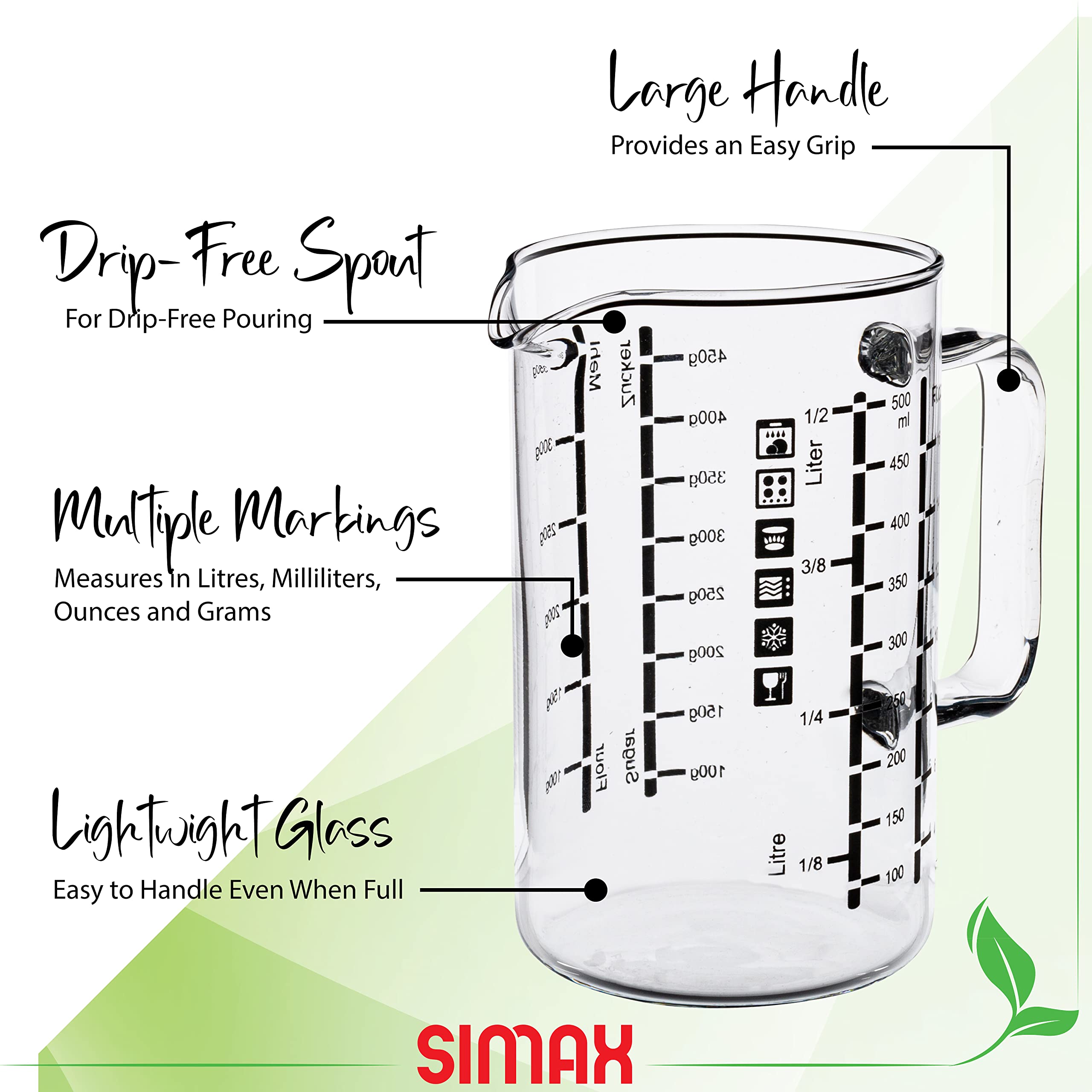 Simax Glass Measuring Cup | Durable Borosilicate Glass, Easy To Read Metric Measurements- Liter, Milliliter, Ounce, Sugar Grams,