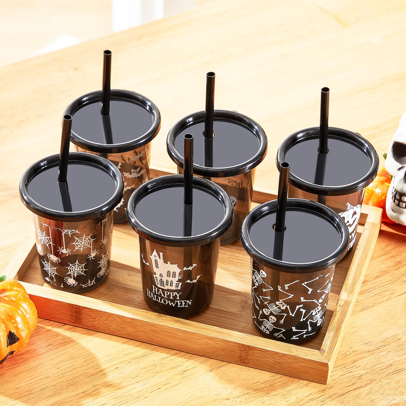 Nuanchu 24 Pcs Halloween Cups for Kids Plastic Tumbler with Lids and Straws 10 Oz Reusable Toddler Cups for Happy Halloween Part