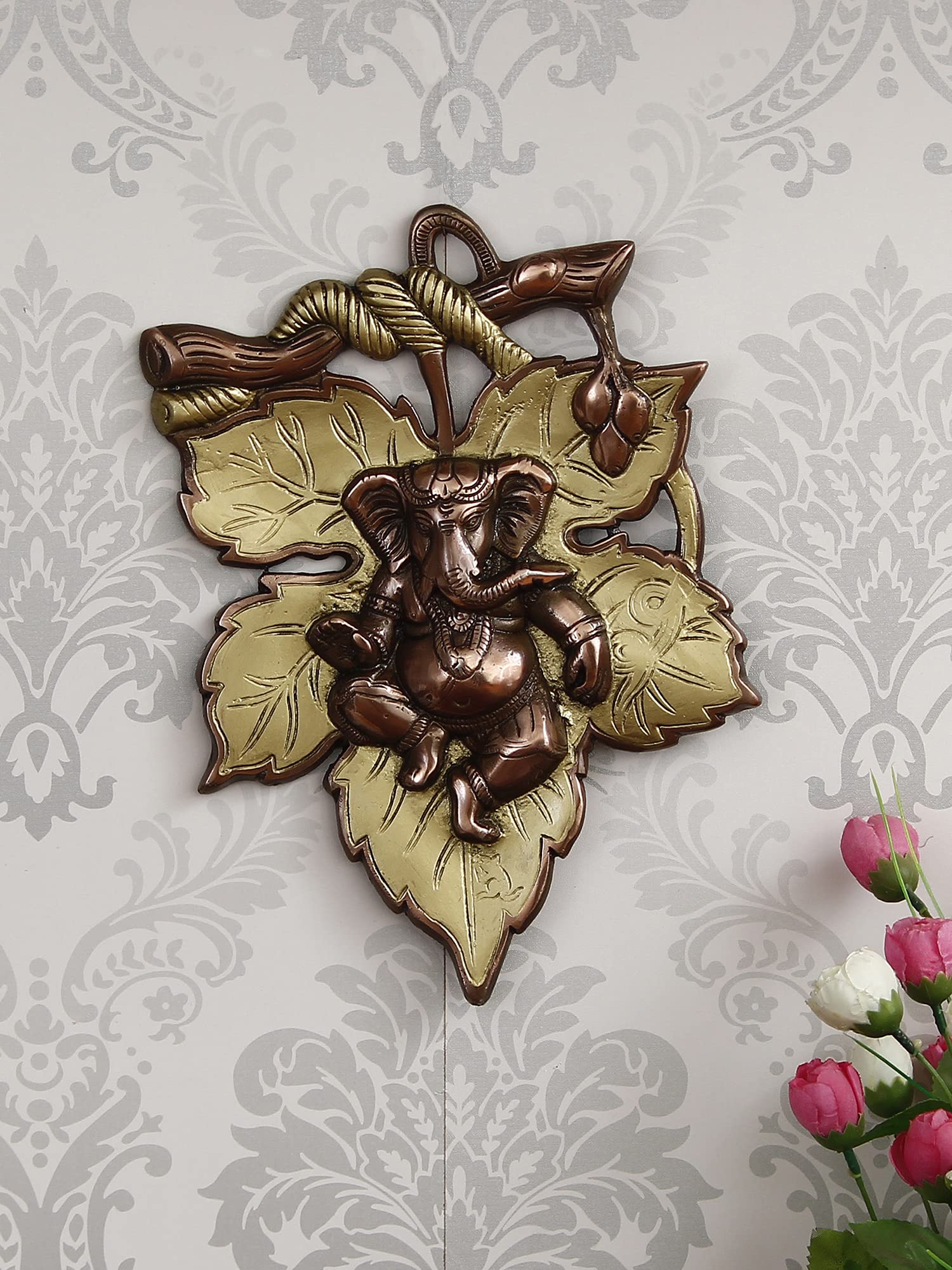 Ecraftindia Golden And Copper Finish Lord Ganesha On Creative Leaf Metal Wall Hanging - Decorative Hindu God Idol For Home, Livi