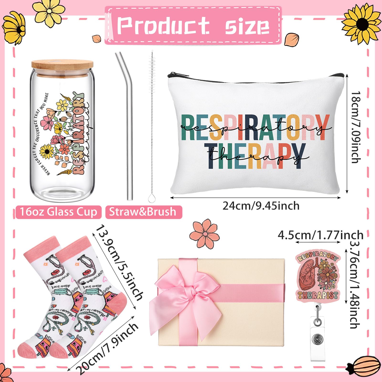 Skylety 5 Pcs Christmas Respiratory Therapist Gifts Set 16oz Glass Cup Socks Cosmetic Bag RT Badge Reel Thank You RT Appreciatio