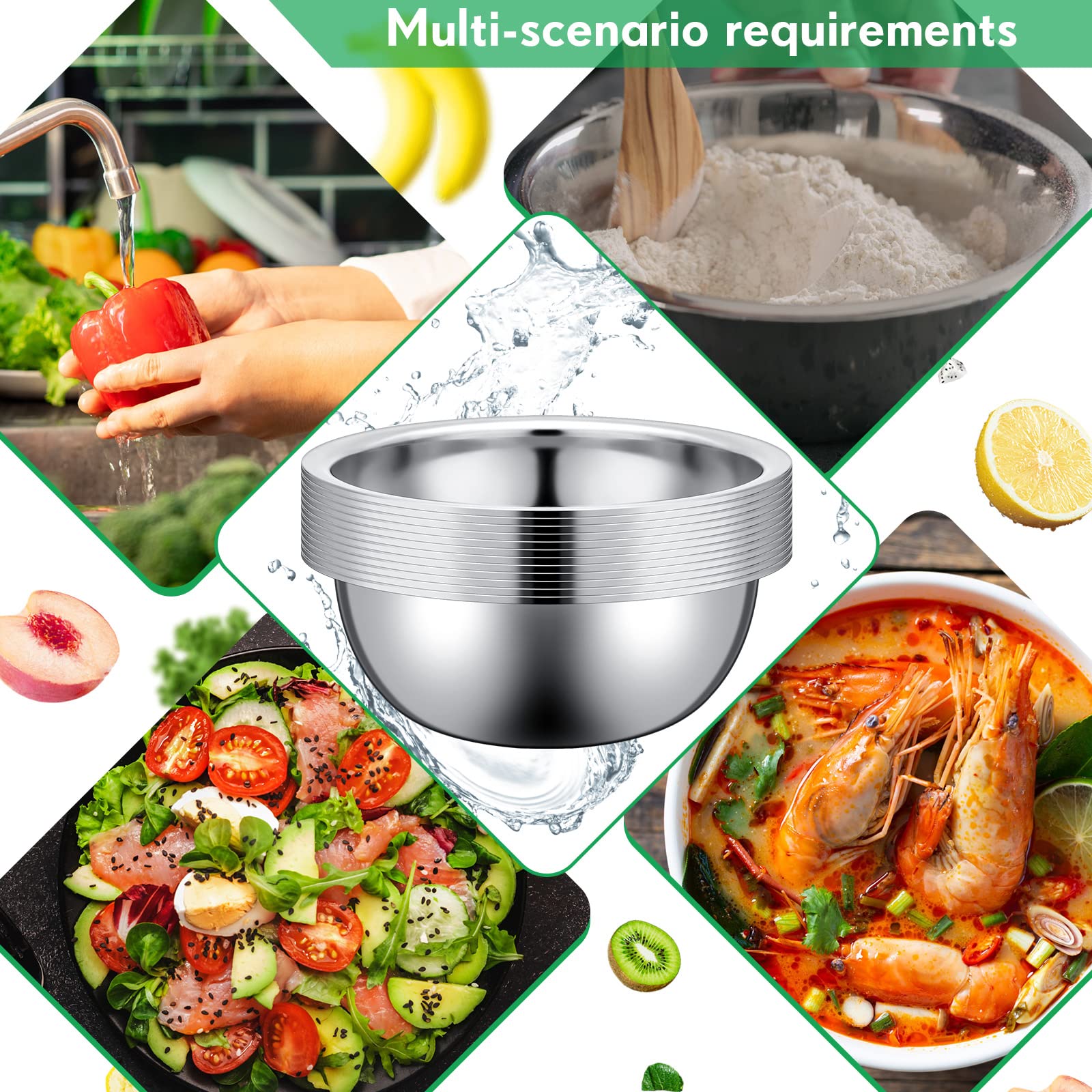 Pinkunn Set Of 12 Stainless Steel Mixing Bowls Bulk Nesting Metal Salad Bowls Food Mixing Bowls Baking Prep Reusable Large Bowl