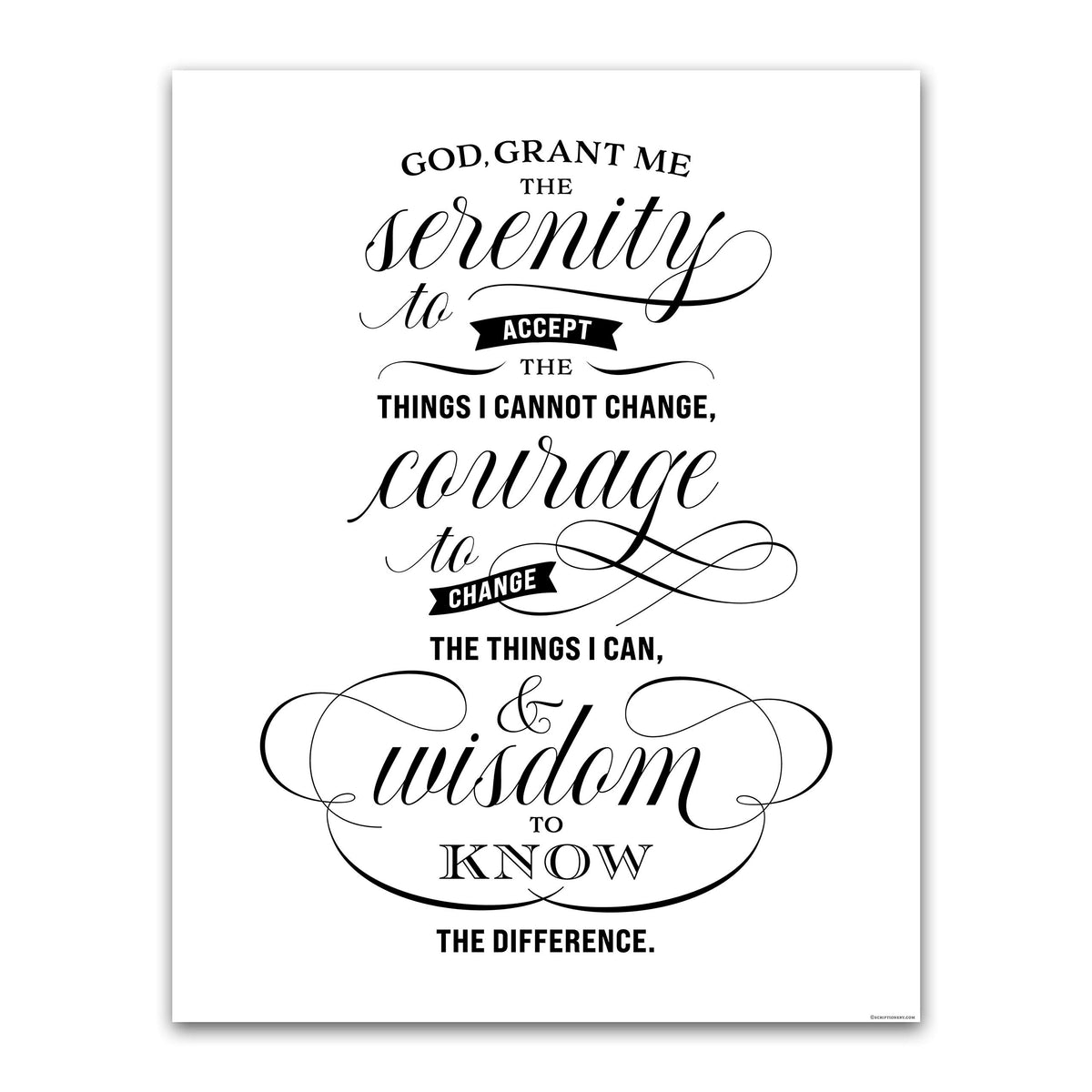 Scriptionery Serenity Prayer Wall Art - Unframed 11X14 Christian Home Decor, Black And White Calligraphy, Inspirational Wall Dec