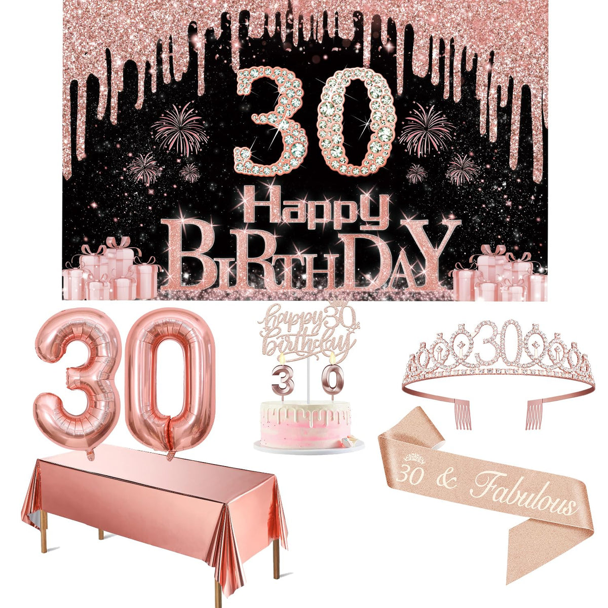 30Th Birthday Decorations For Her With Banner, Rose Gold Tablecloth, Number Balloons, 30Th Birthday Sash And Tiara, Cake Topper