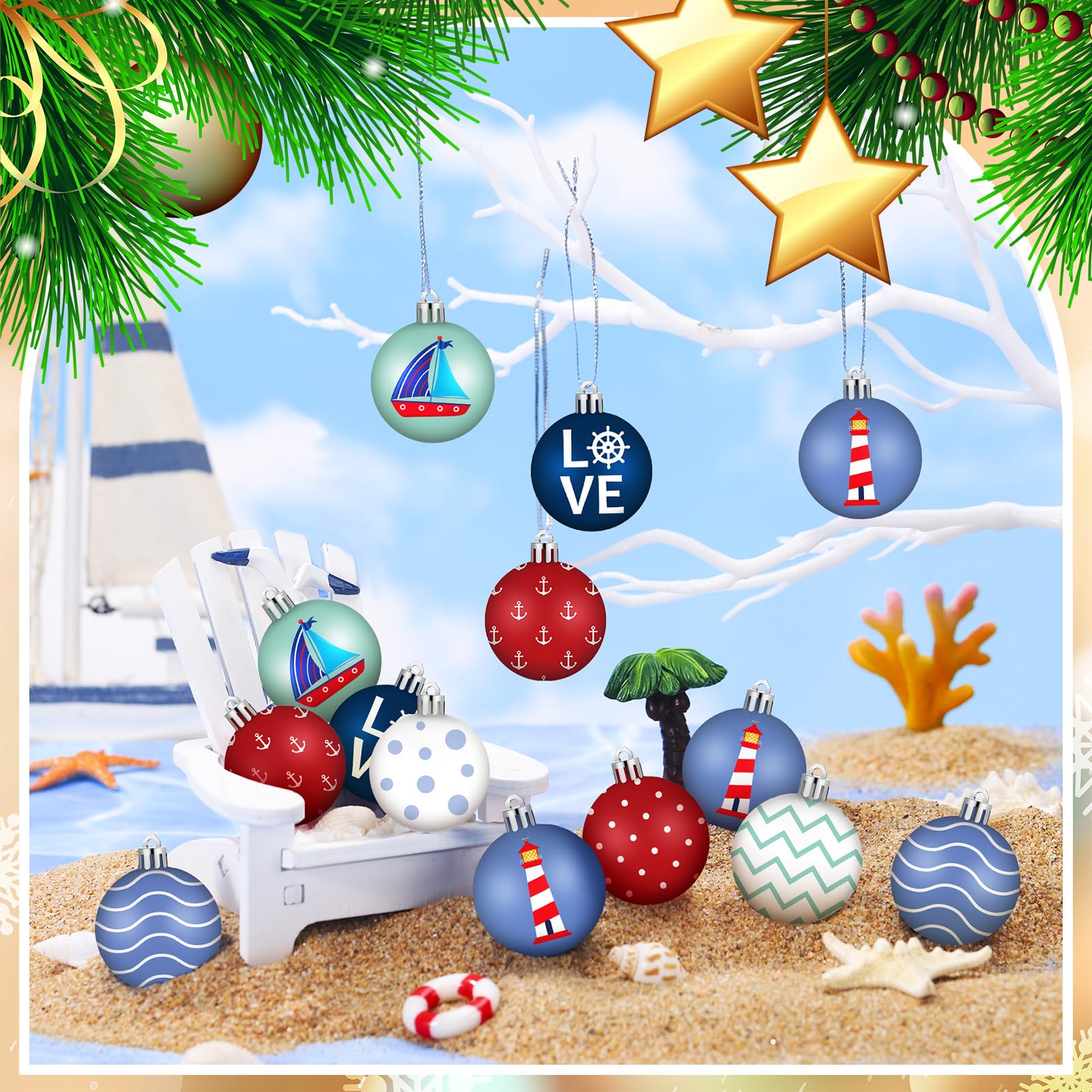 HyDren 40 Pcs Christmas Nautical Ornaments Nautical Ornaments for Christmas Tree Xmas Mini Tree Decorations 1.2 Inch Small Hangi