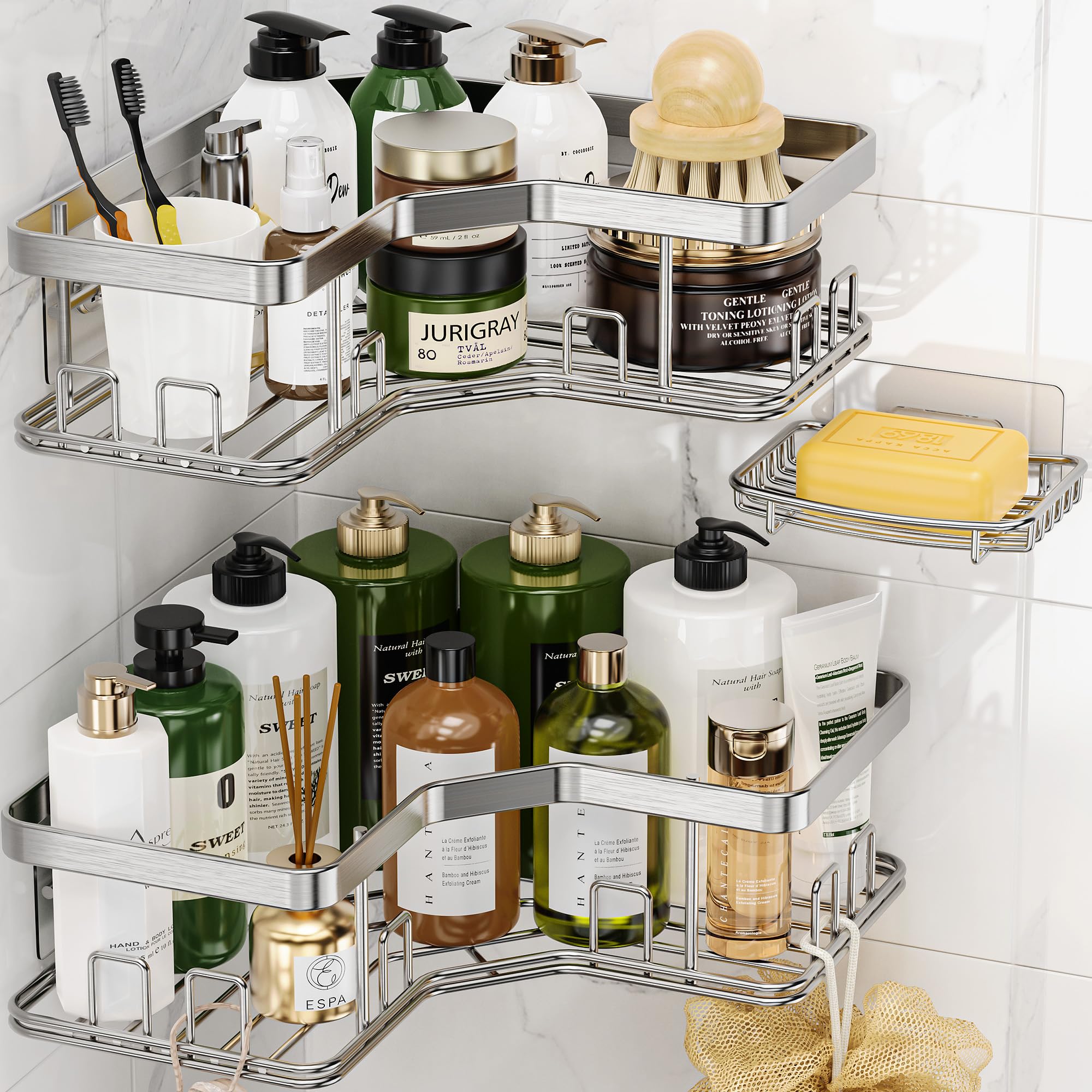 MAXIFFE 3 Pack X-Large Corner Shower Caddy with Soap Holder, Large Capacity Sturdy Easy Install No Drilling Stainless Steel Hold