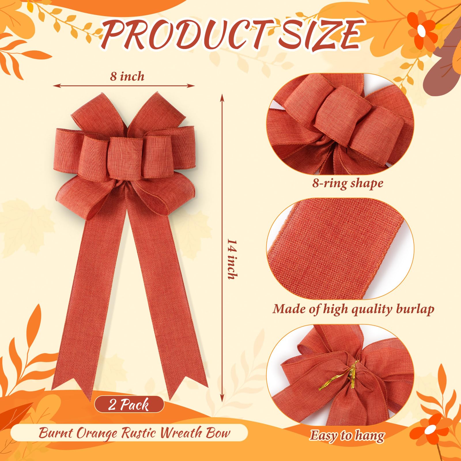 Yinkin 2 Pack 8 Fall Wreath Bow Burnt Orange Rustic Thanksgiving Burlap Bow Large Autumn Tree Topper Bow 14 Long Tails, Holiday