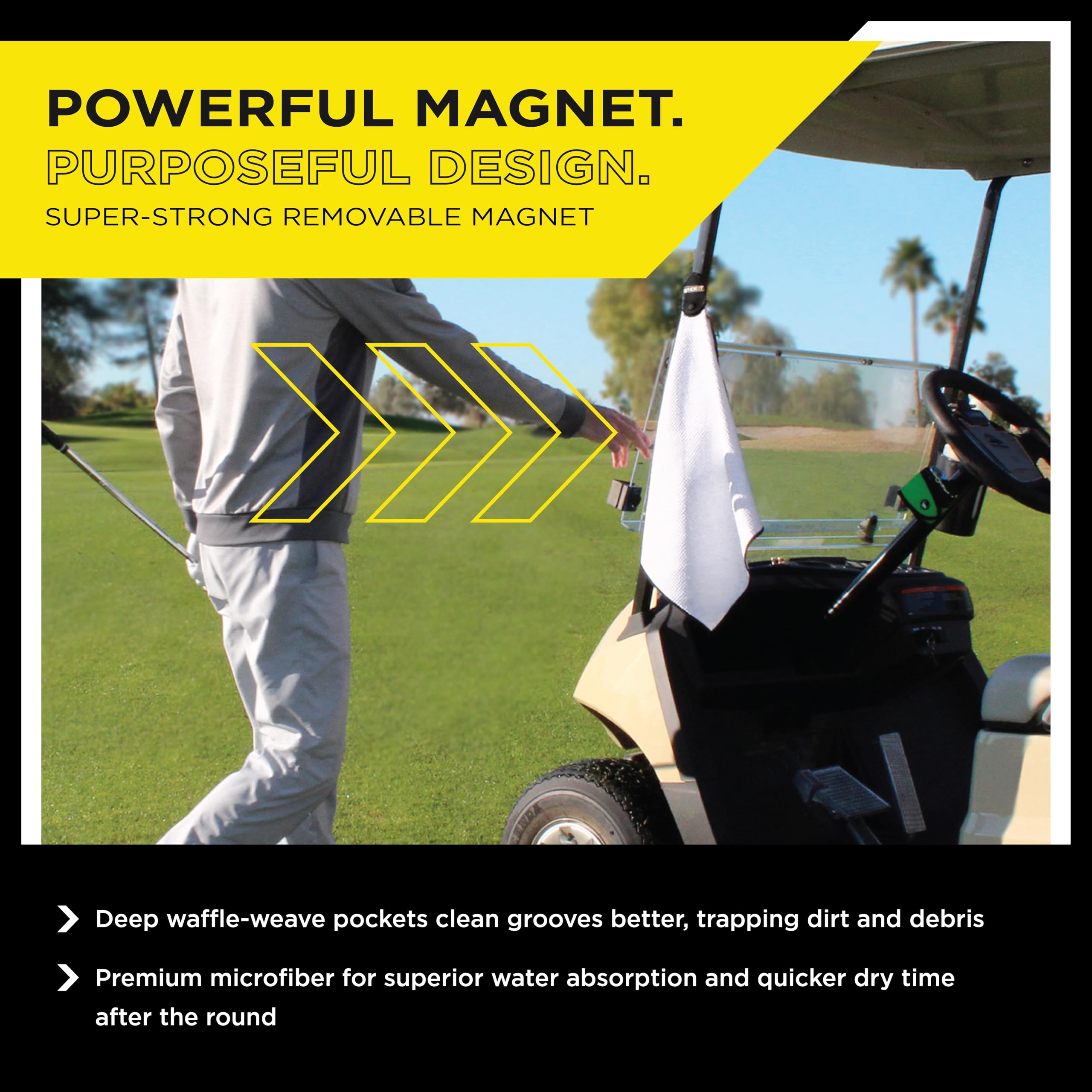 STICKIT Magnetic Towel  White  Top-Tier Microfiber Golf Towel with Deep Waffle Pockets  Industrial Strength Magnet for Strong Hold to Golf Carts or Clubs