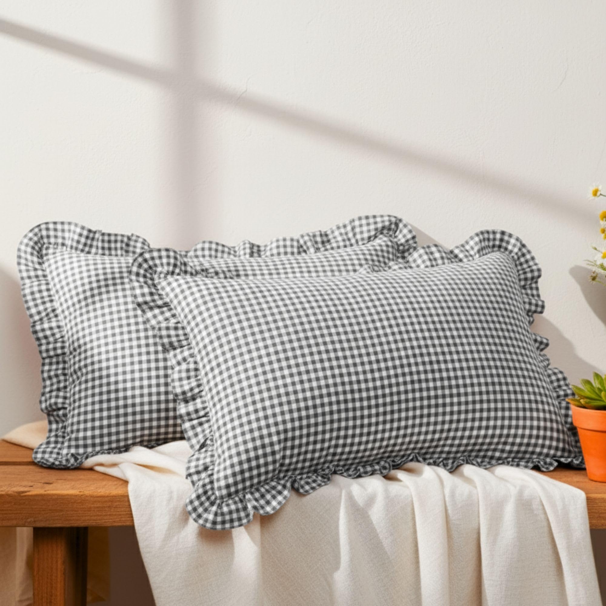 Sleepy Threads Grey Pillow Covers, Checkered Cover With Frill Border - Pack Of 2, 27X18 Inch | Throw Pillow Covers For Sofa, Liv