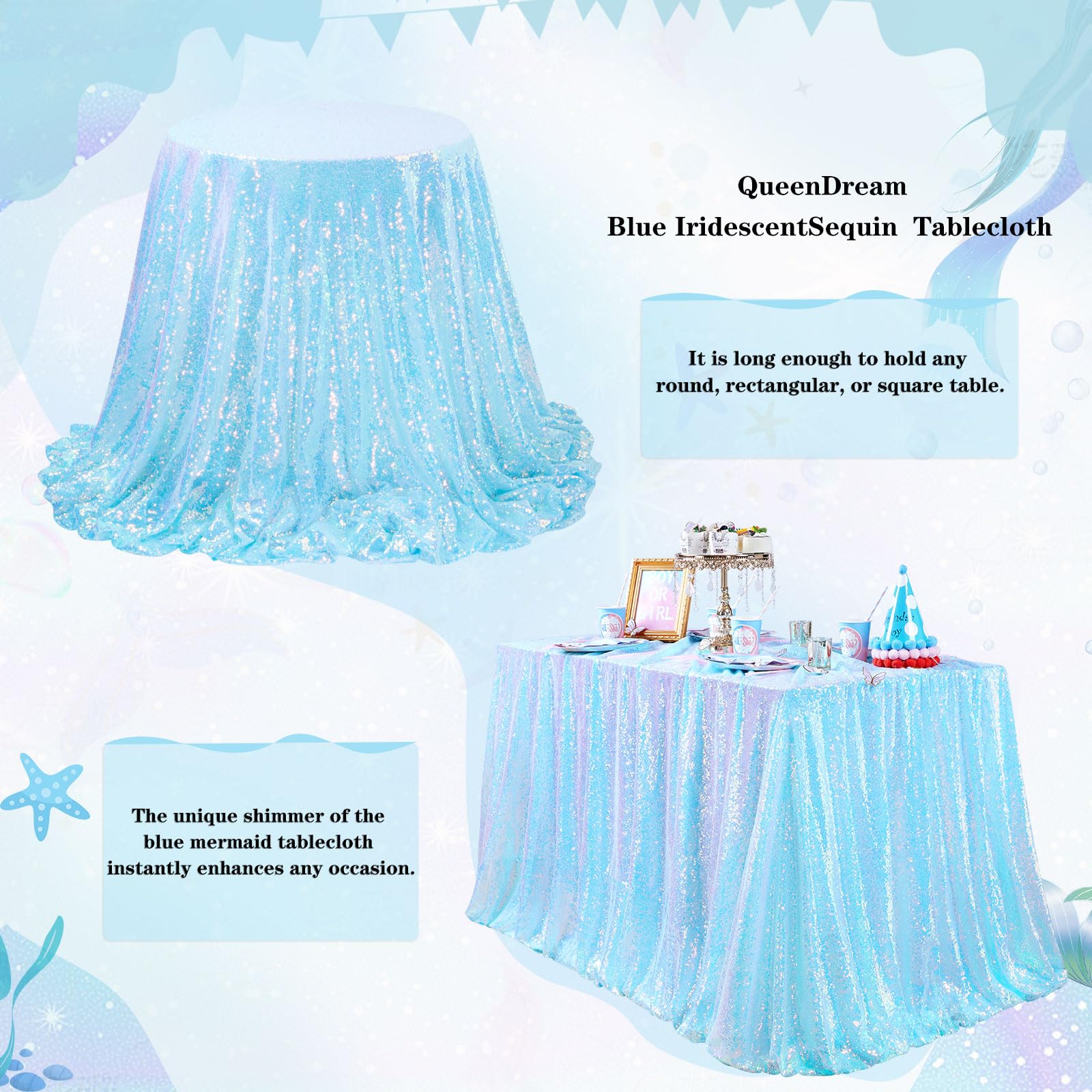 Queendream Iridescent Tablecloth Blue Sequin Table Cloth Overlay Glitter Mermaid Birthday Party Decorations 90X132 Inches
