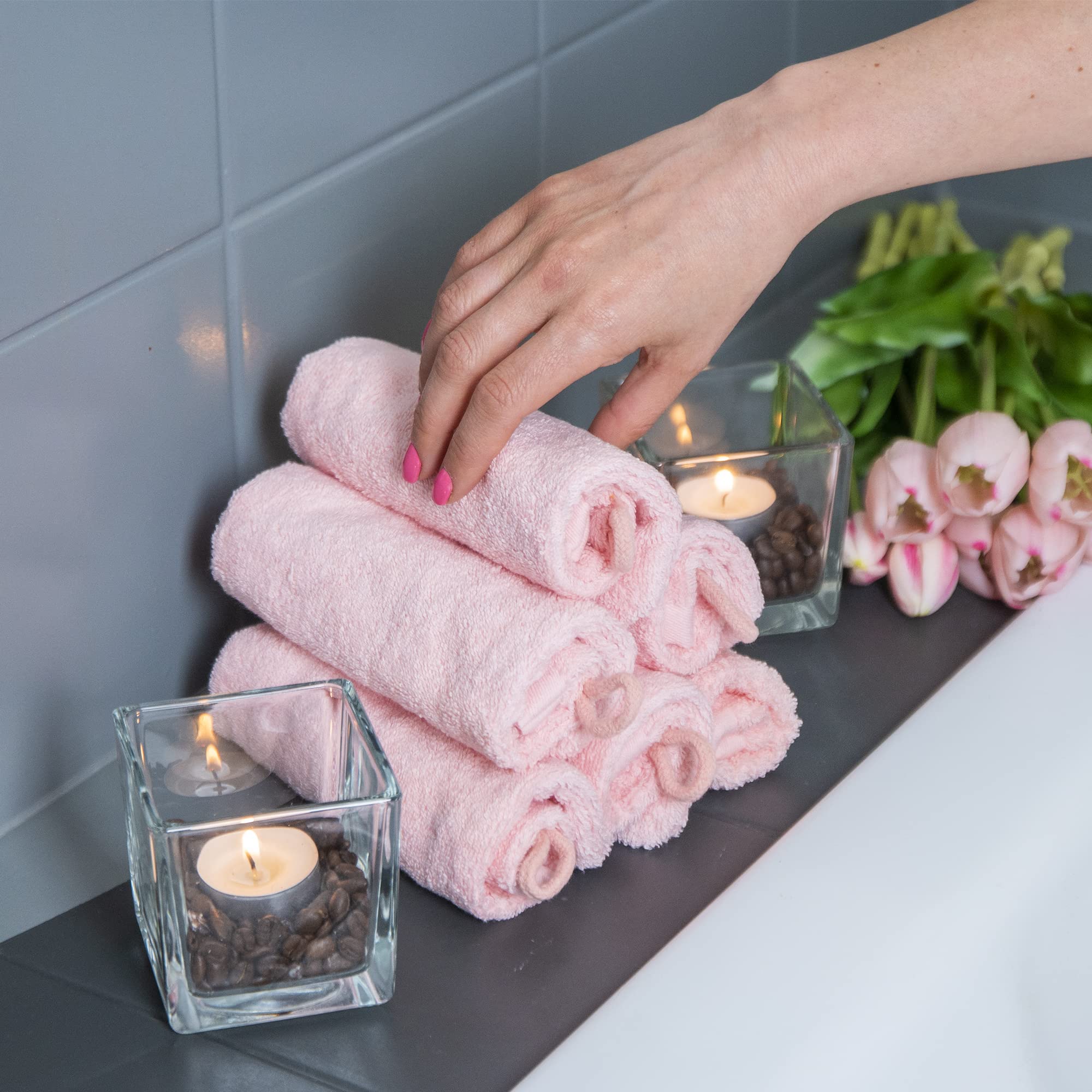 Made Easy Kit Bath Mitts - Pack Of 6 - (6'' X 9'') European Style Washcloth With Loop (Pink, 6 X 9 Inches)
