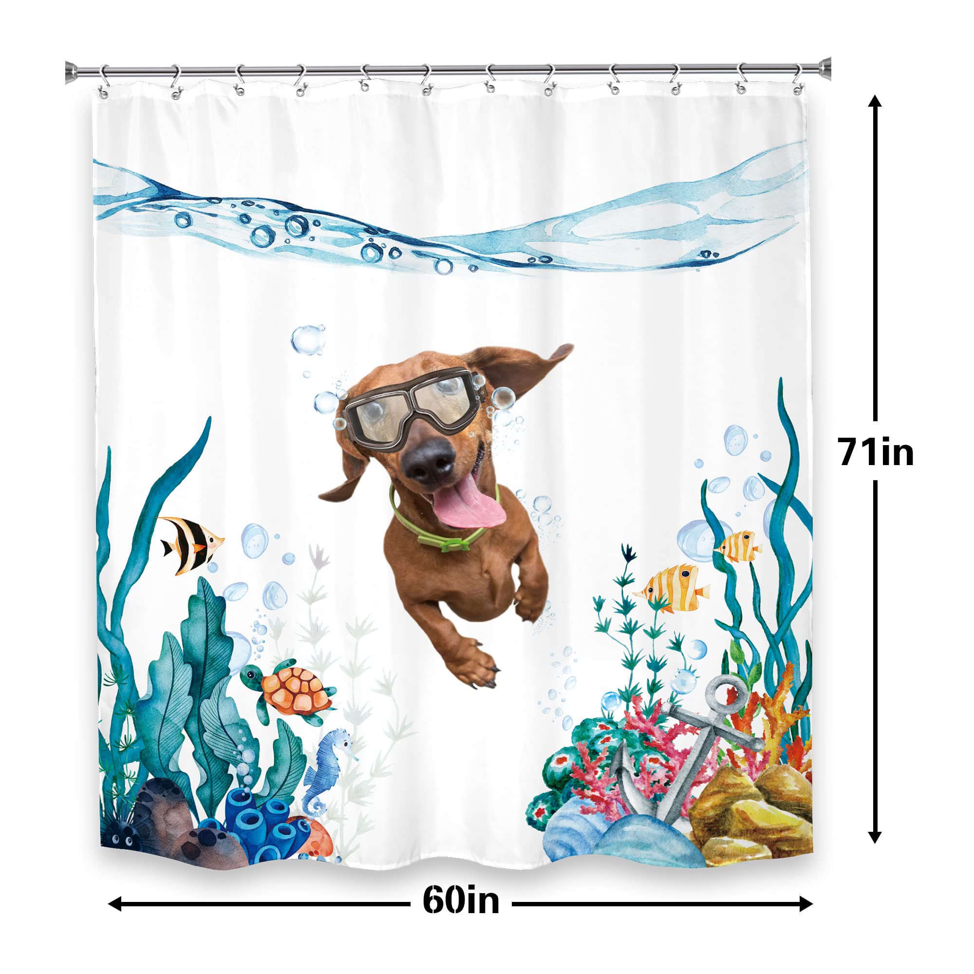Lghtyro Funny Dog Kids Dachshund Shower Curtain Bathroom Set 60Wx71H Inches Teal Blue Sea Ocean Nautical Cute Fish Turtle Anchor