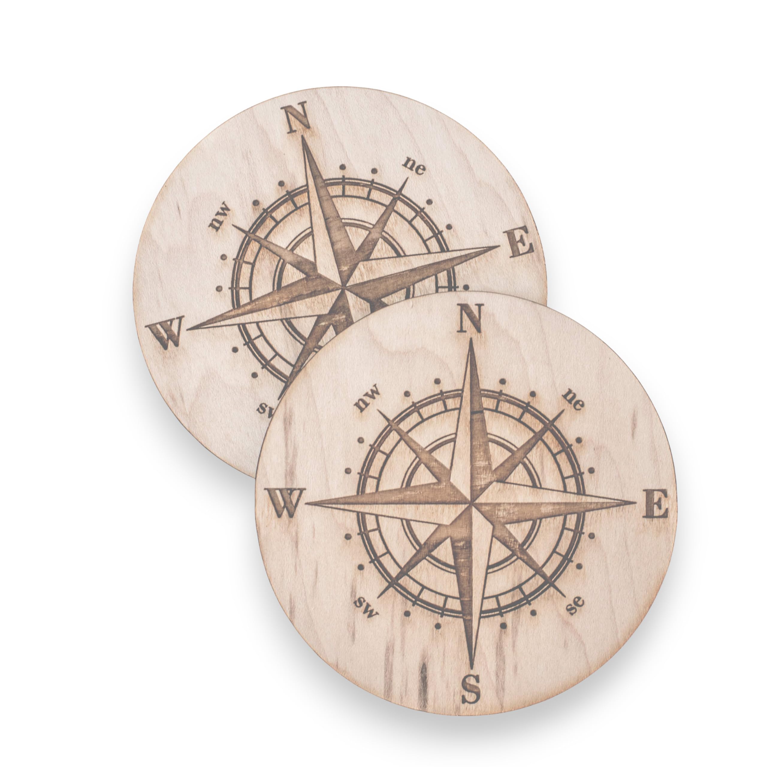Coasters  Compass Rose Coaster Set of 2 Raw Wood