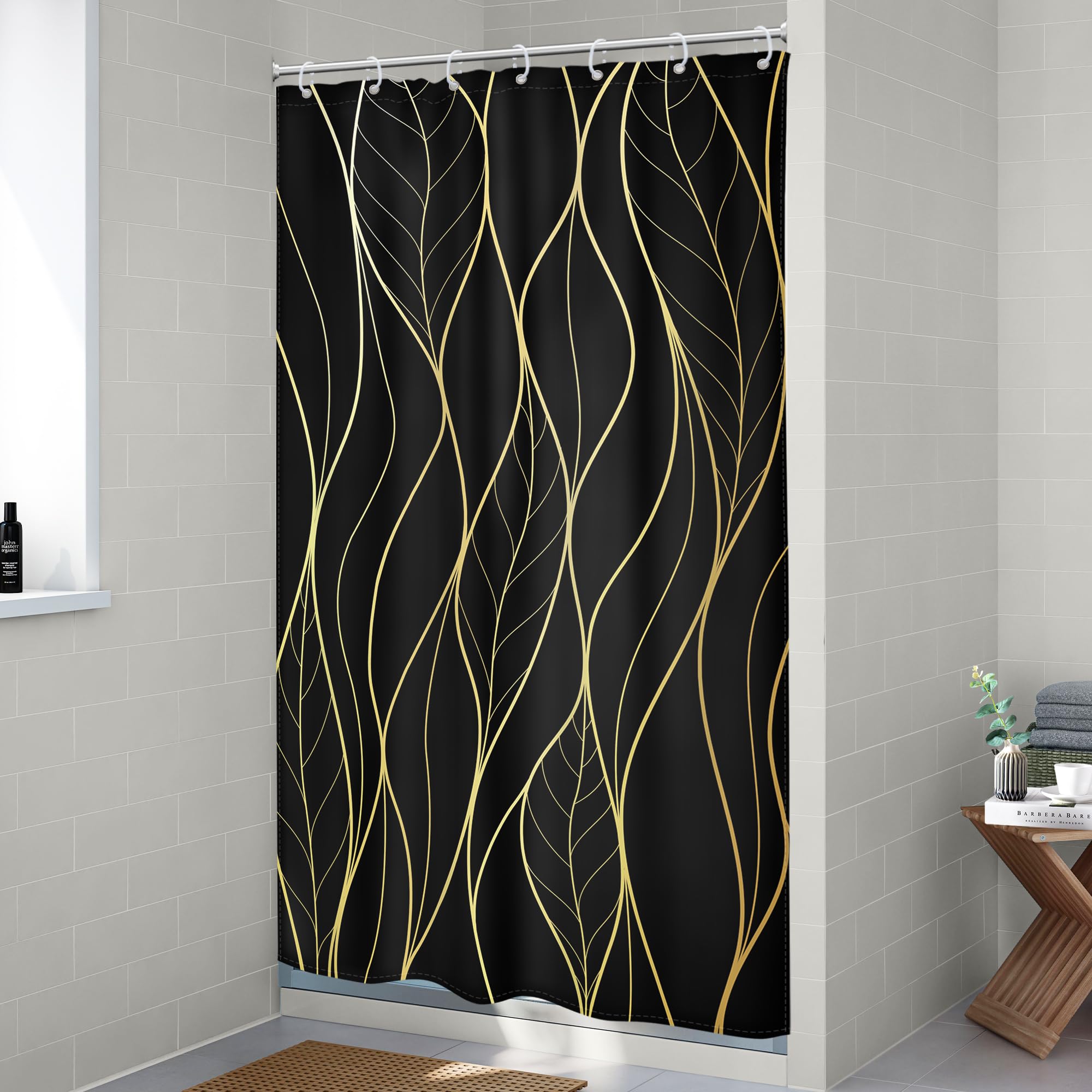 Riyidecor Small Stall Rv Black Gold Leaves Shower Curtain Half Single Boho Abstract Striped Leaf Geometric Modern Simple Cool 36